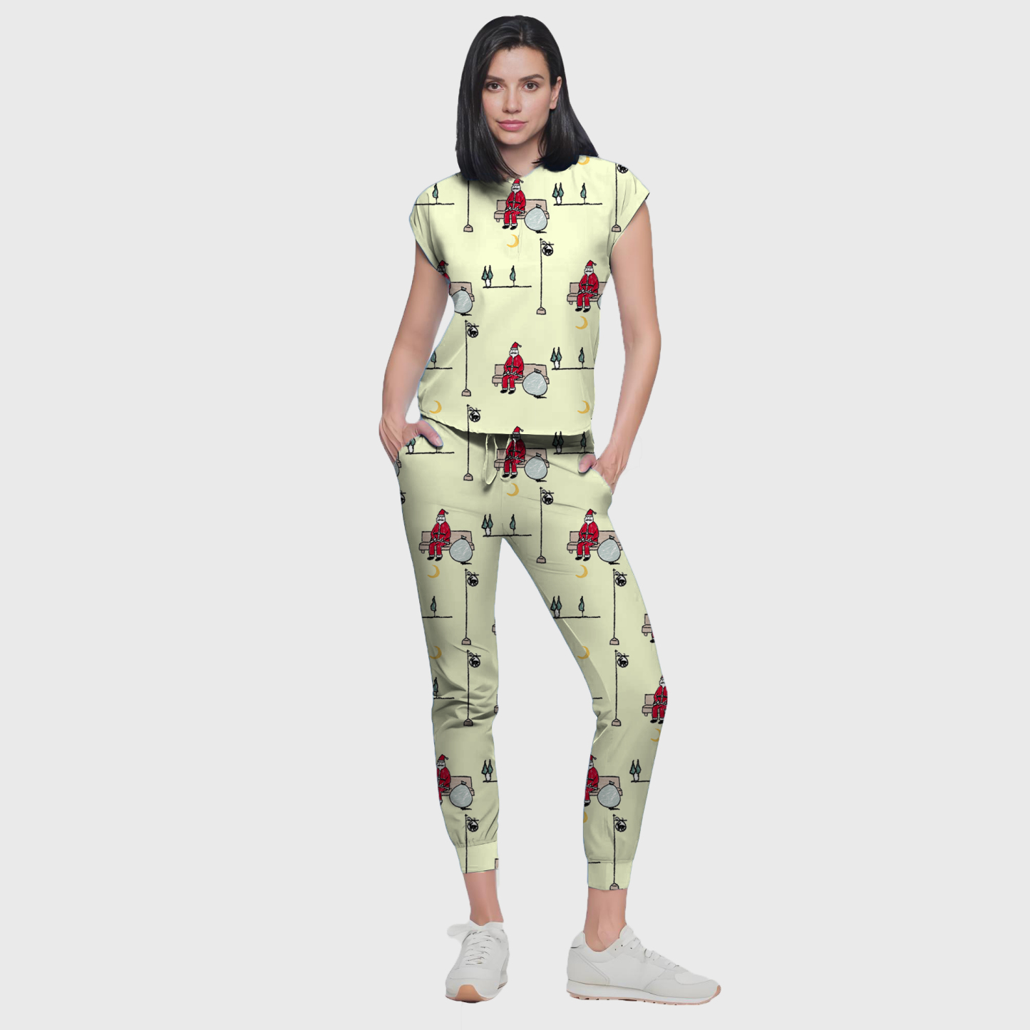 Women's Colorful Santa Claus Pattern Nurse Scrub Set