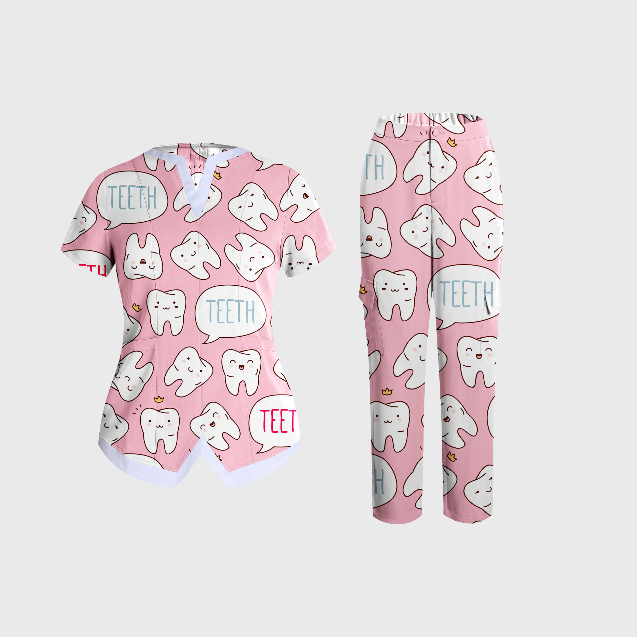 Women's Cute Teeth Collection Printed Scrub Set