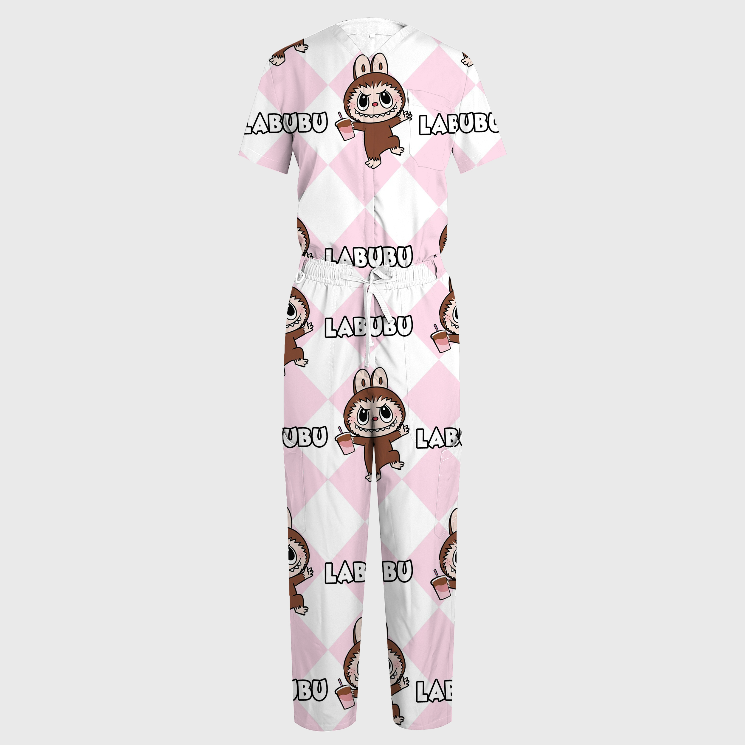 Women's V-Neck Wide Leg Pink LABUBU Print Scrub Jumpsuit