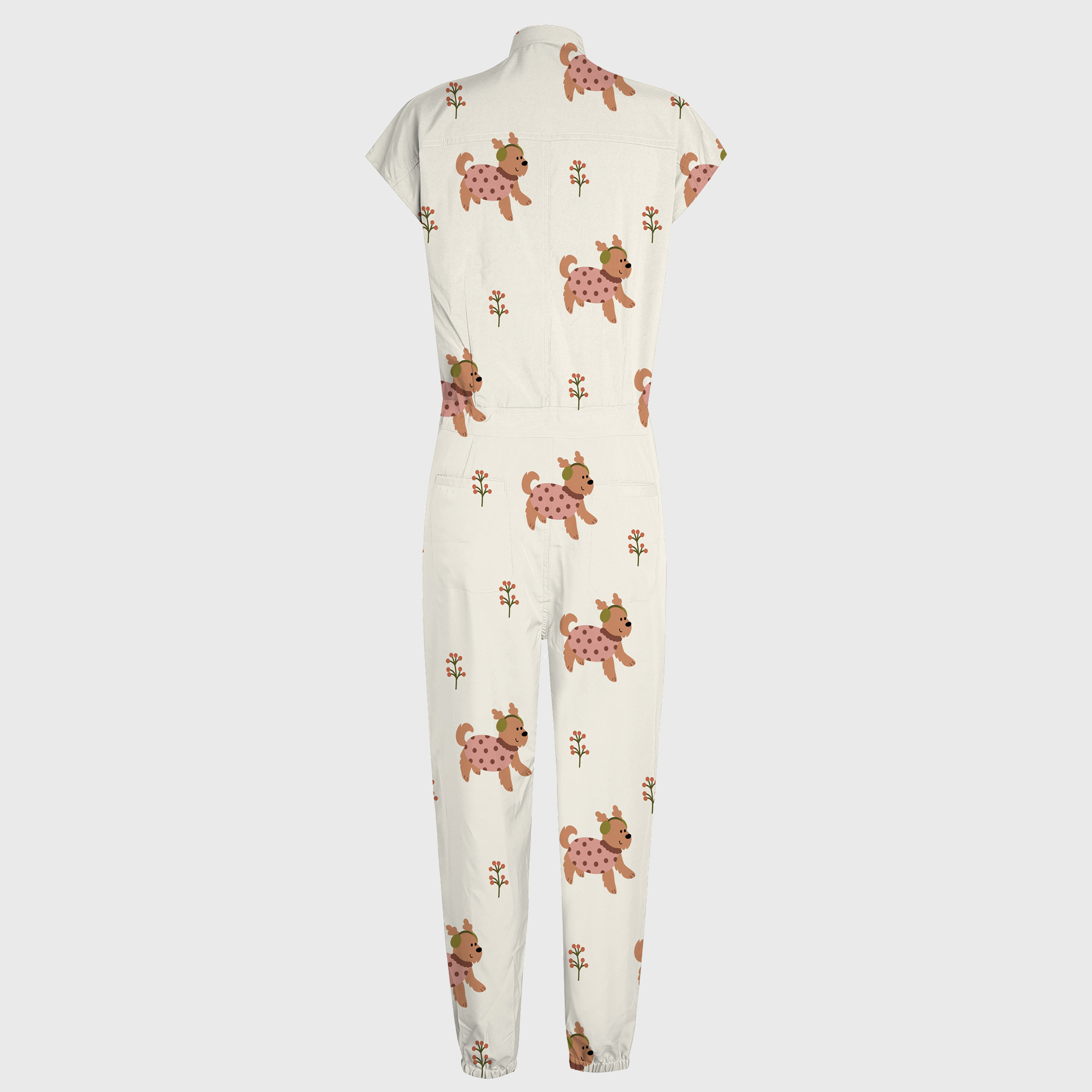 Women's Cute Dog Printed 12-Pocket Jogger Scrub Jumpsuit