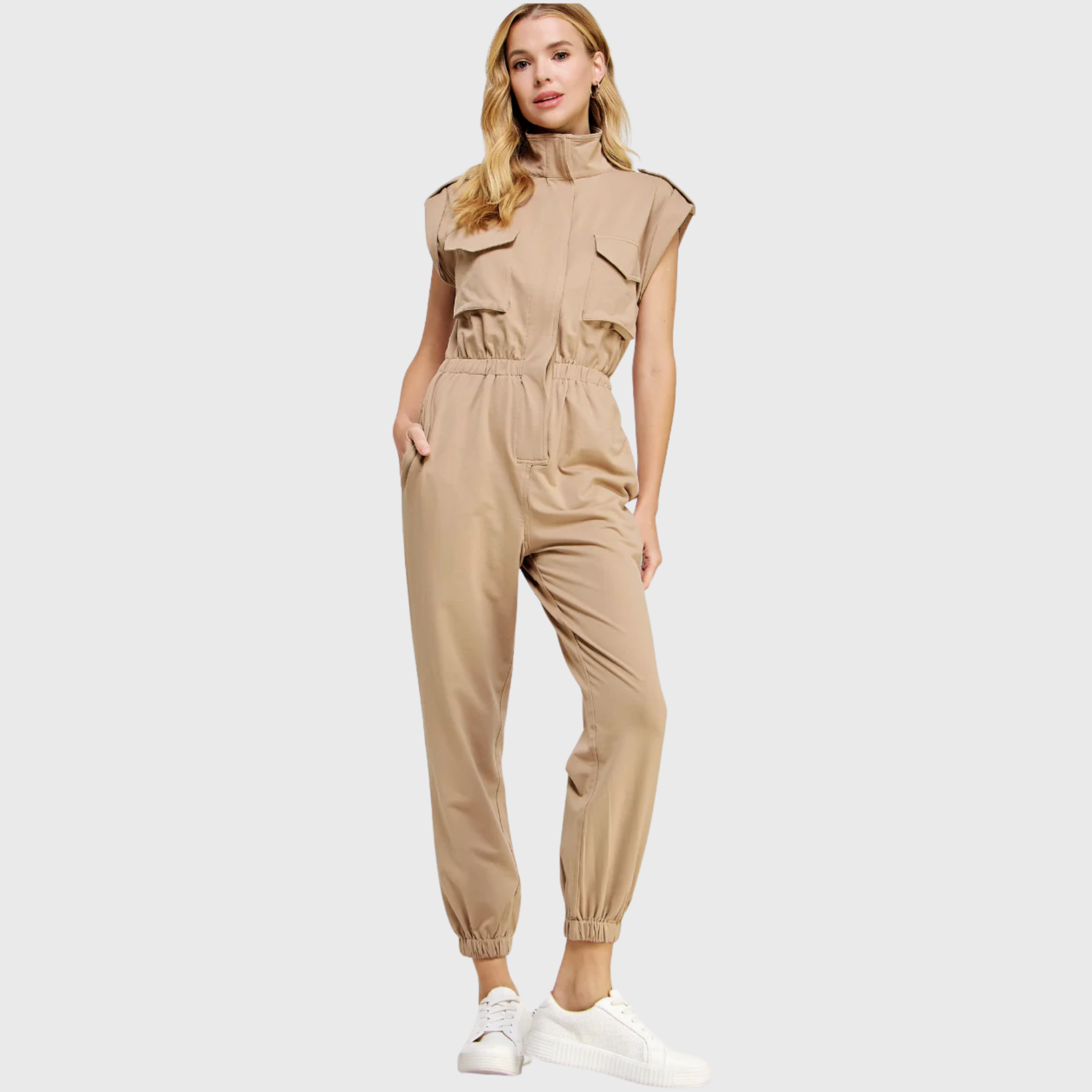 Women's High Neck Folded Sleeves with Epaulettes Jumpsuit
