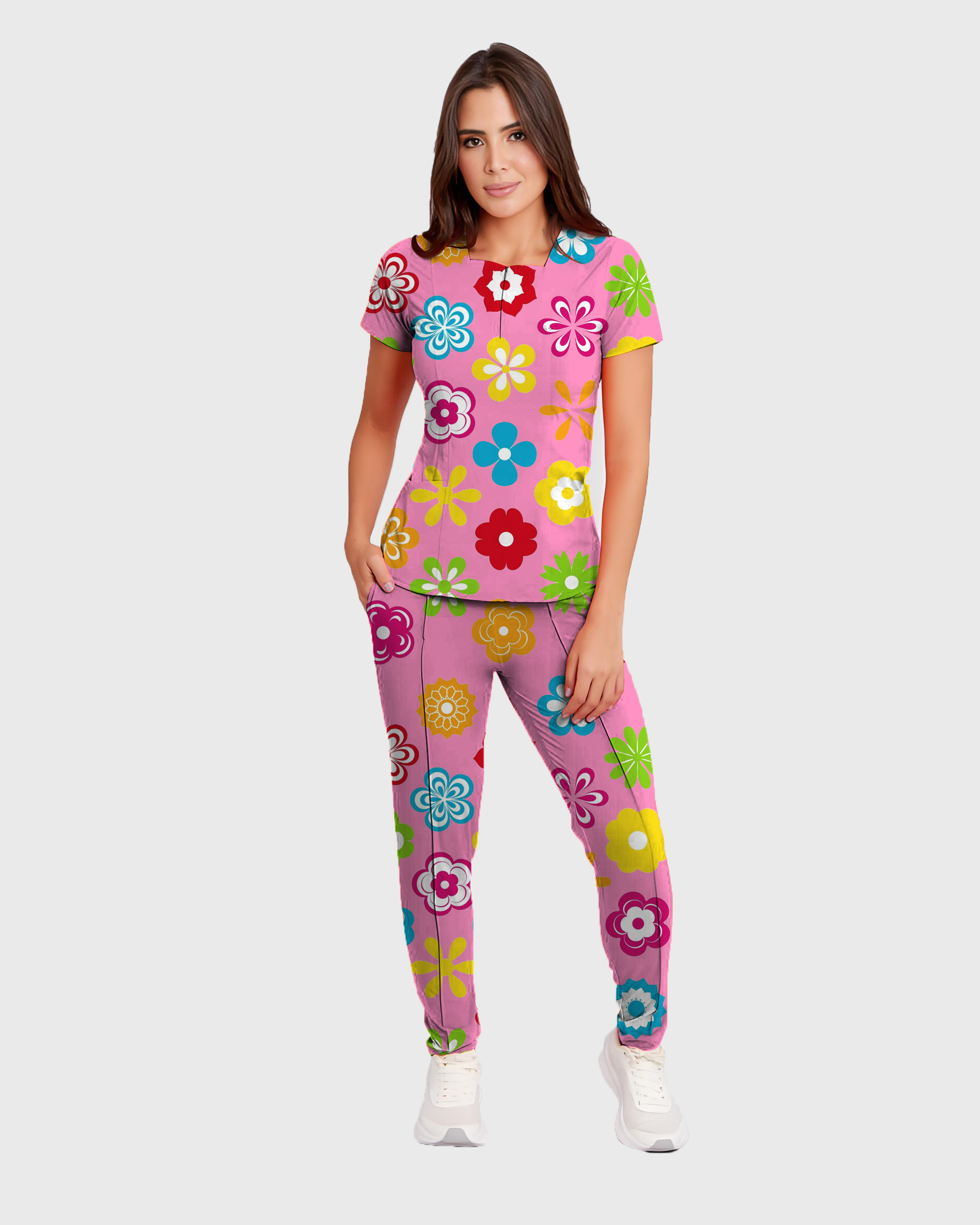 Women's Colorful Floral Pattern Scrub Set ST6195