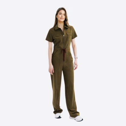 Women's Polo Neck Four Pockets Straight Leg Jumpsuit
