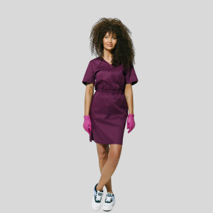 Medical Casual V-Neck Elastic Waist Scrub Dress