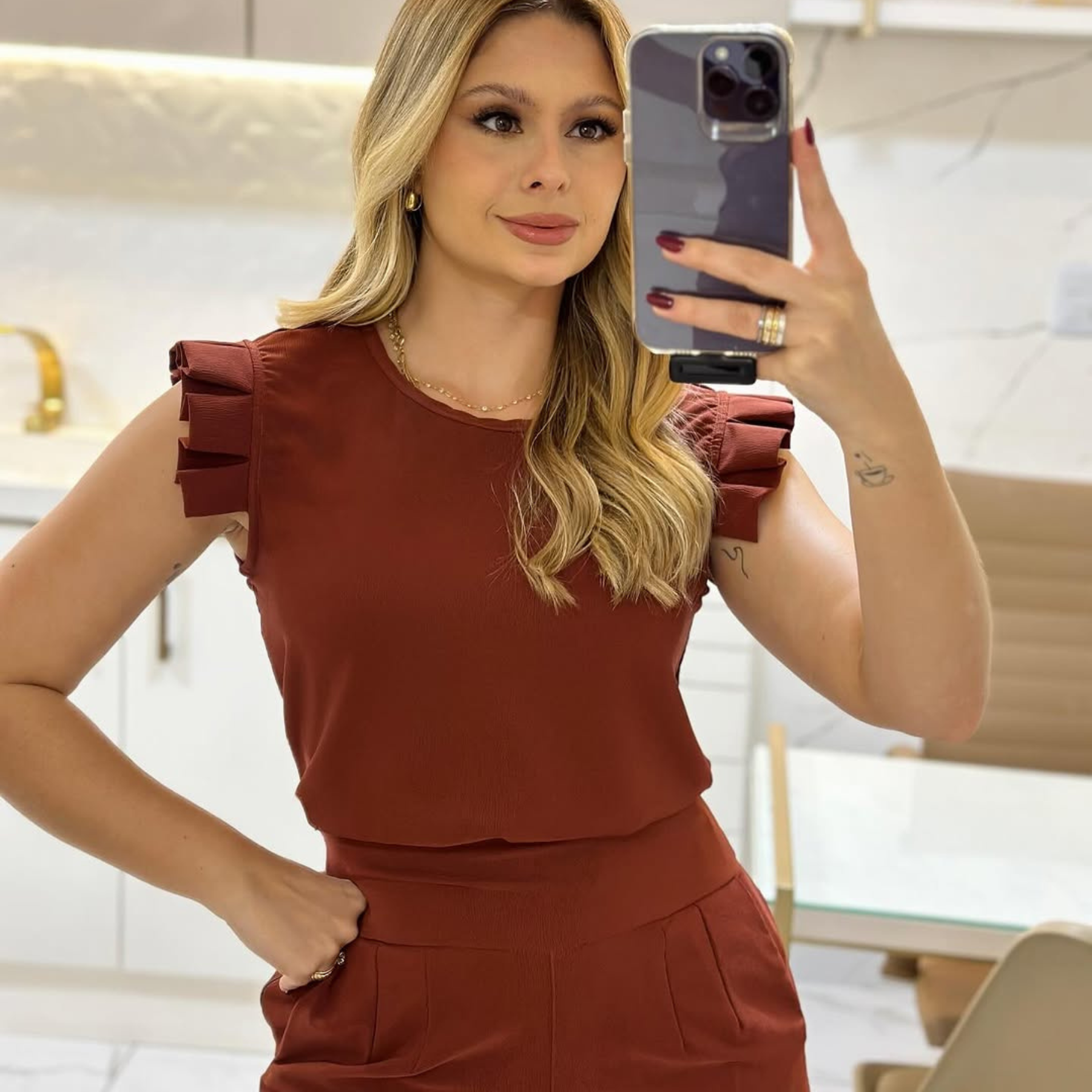 Round Neck Pleated Sleeve Scrub Top For Women
