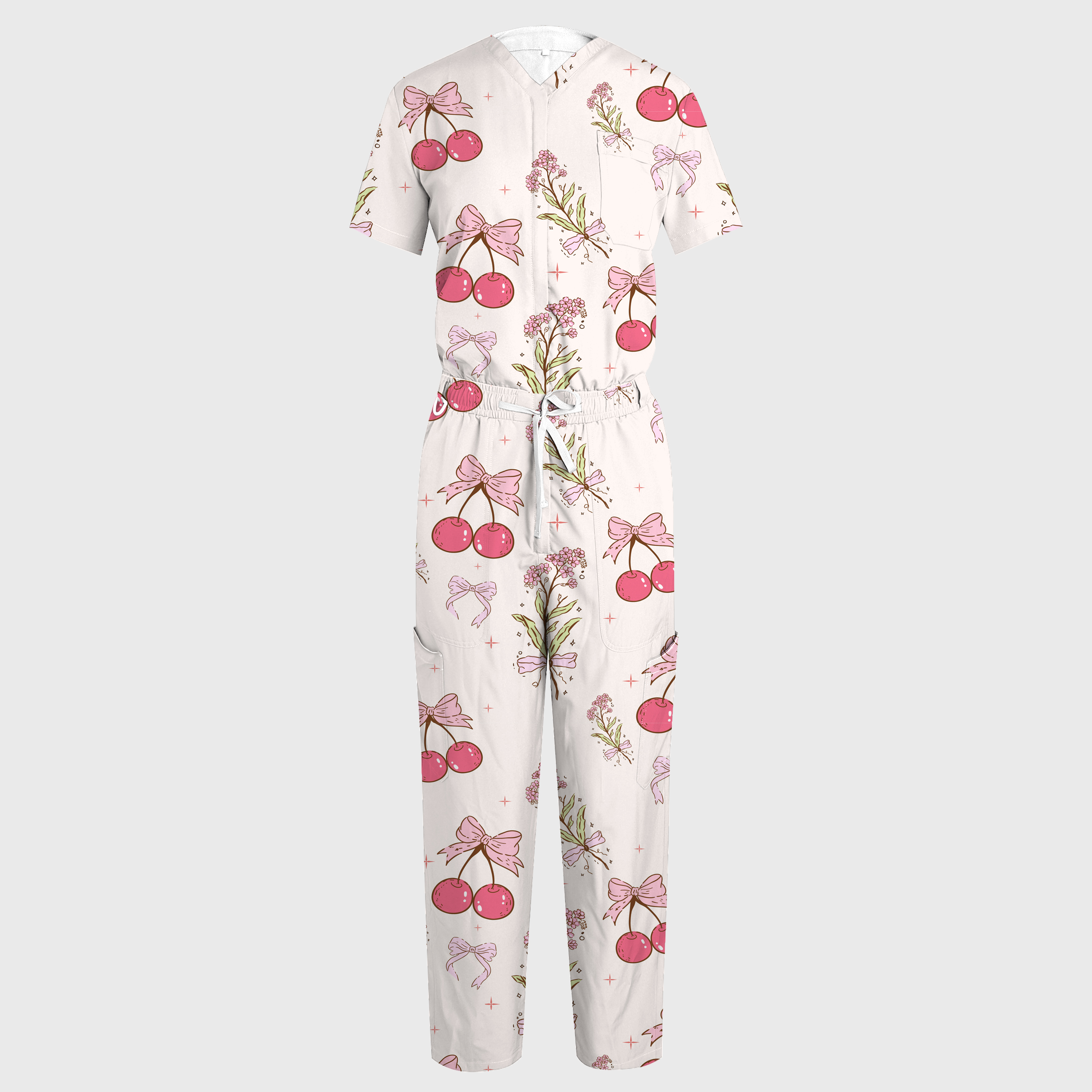Women's V-Neck Wide Leg Pink Cherry Print Scrub Jumpsuit
