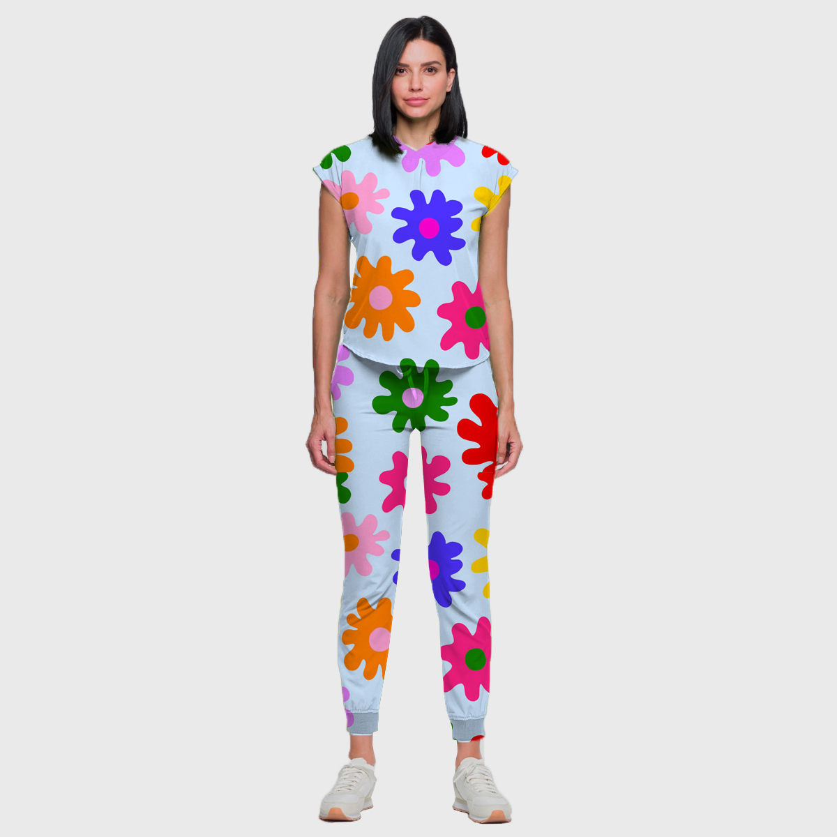 Women's Colorful Large Flower Pattern Scrub Set ST6197