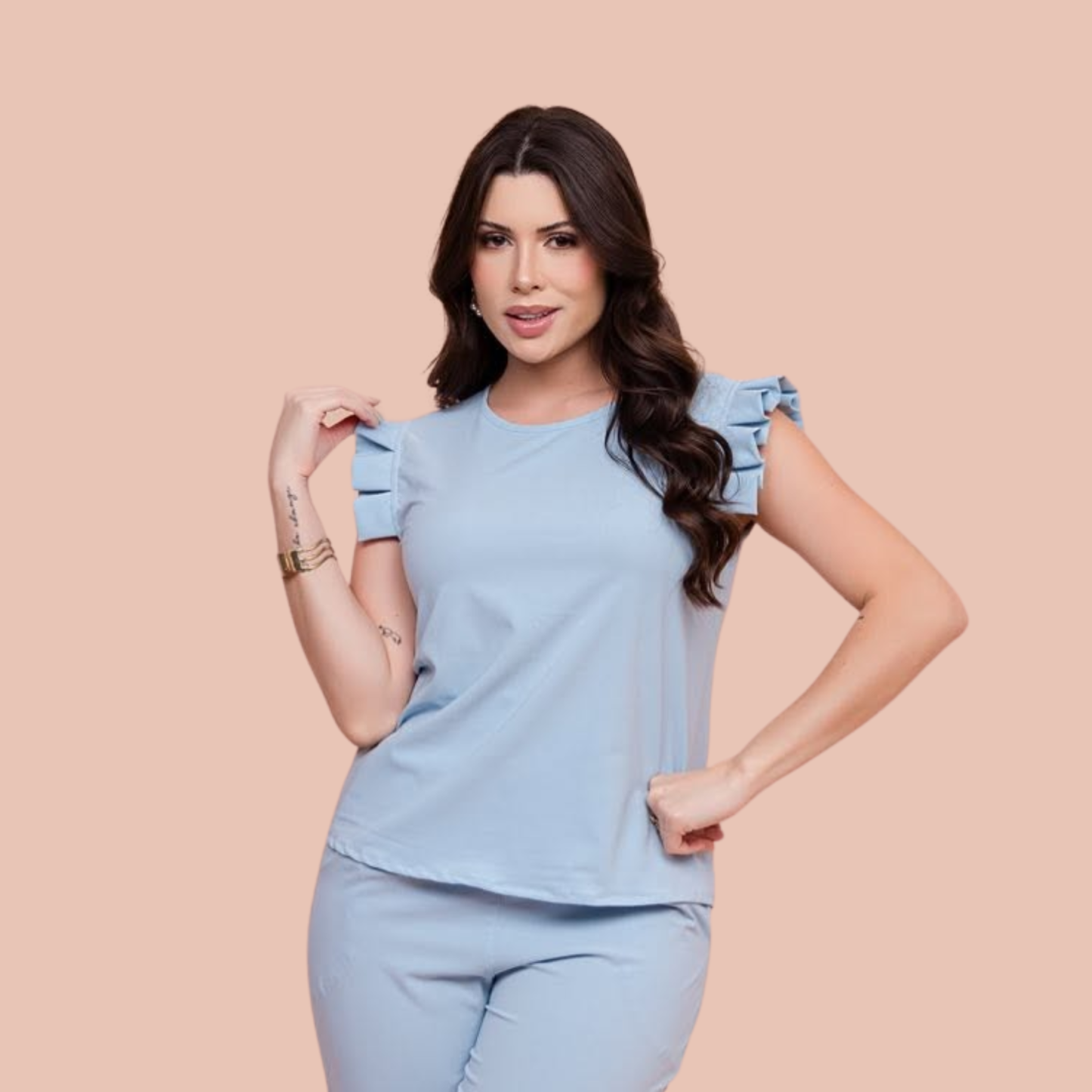 Round Neck Pleated Sleeve Scrub Top For Women