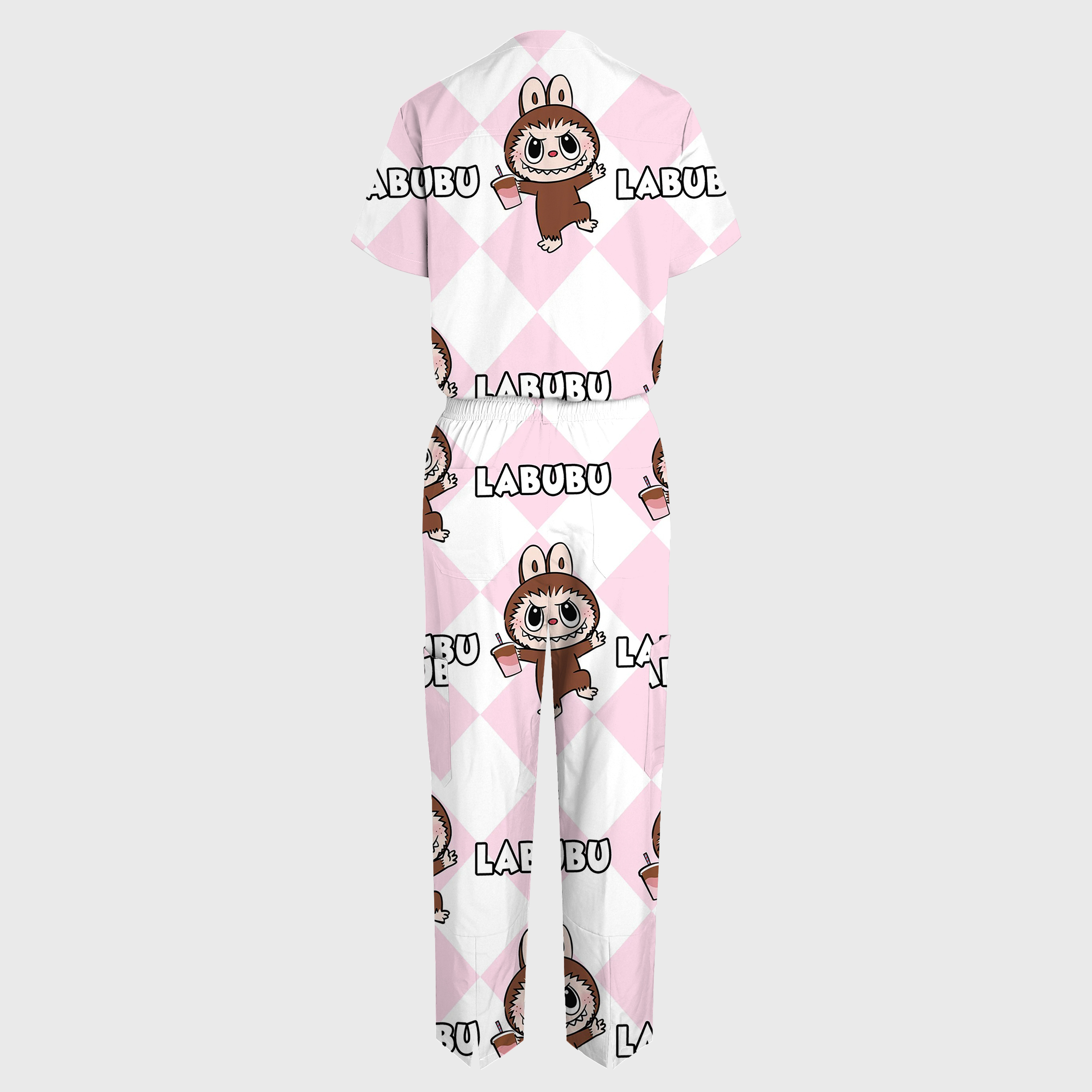 Women's V-Neck Wide Leg Pink LABUBU Print Scrub Jumpsuit