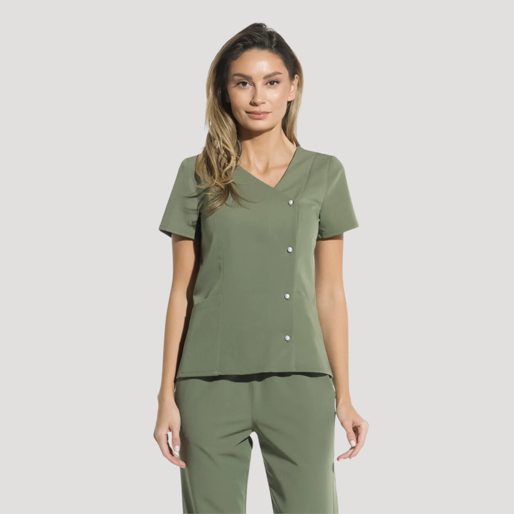 Women's Mushroom Buttons Two Pockets Scrub Top