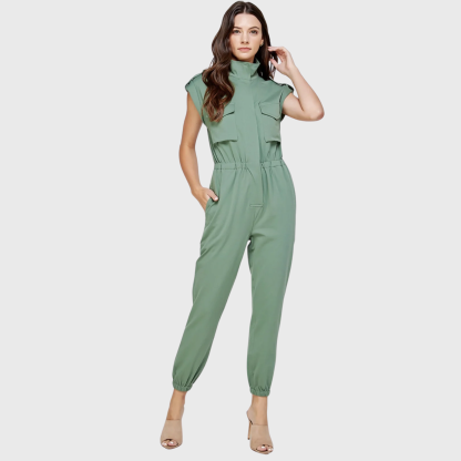 Women's High Neck Folded Sleeves with Epaulettes Jumpsuit