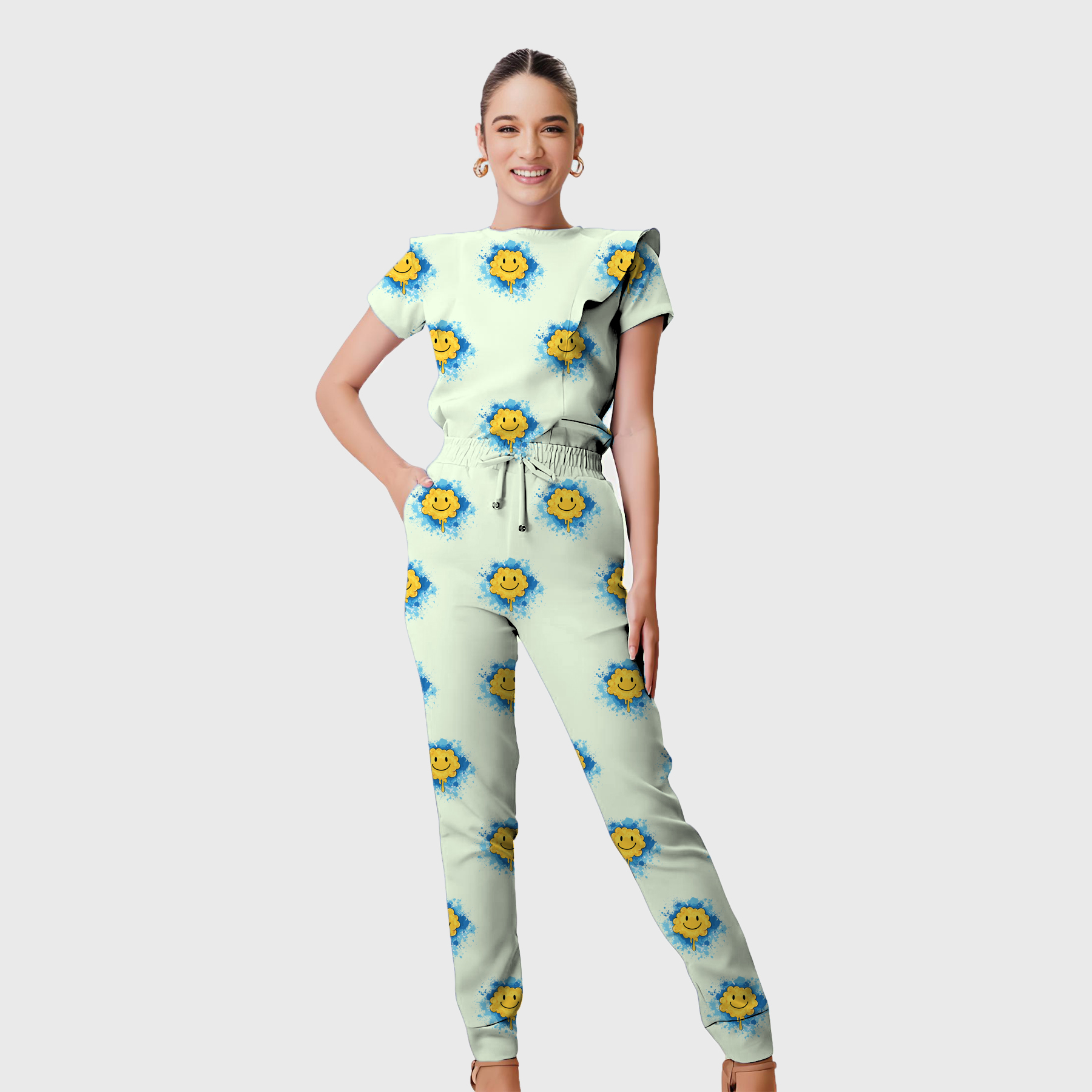 Women's Round Neck Smiling Cloud Printed Scrub Set SP01