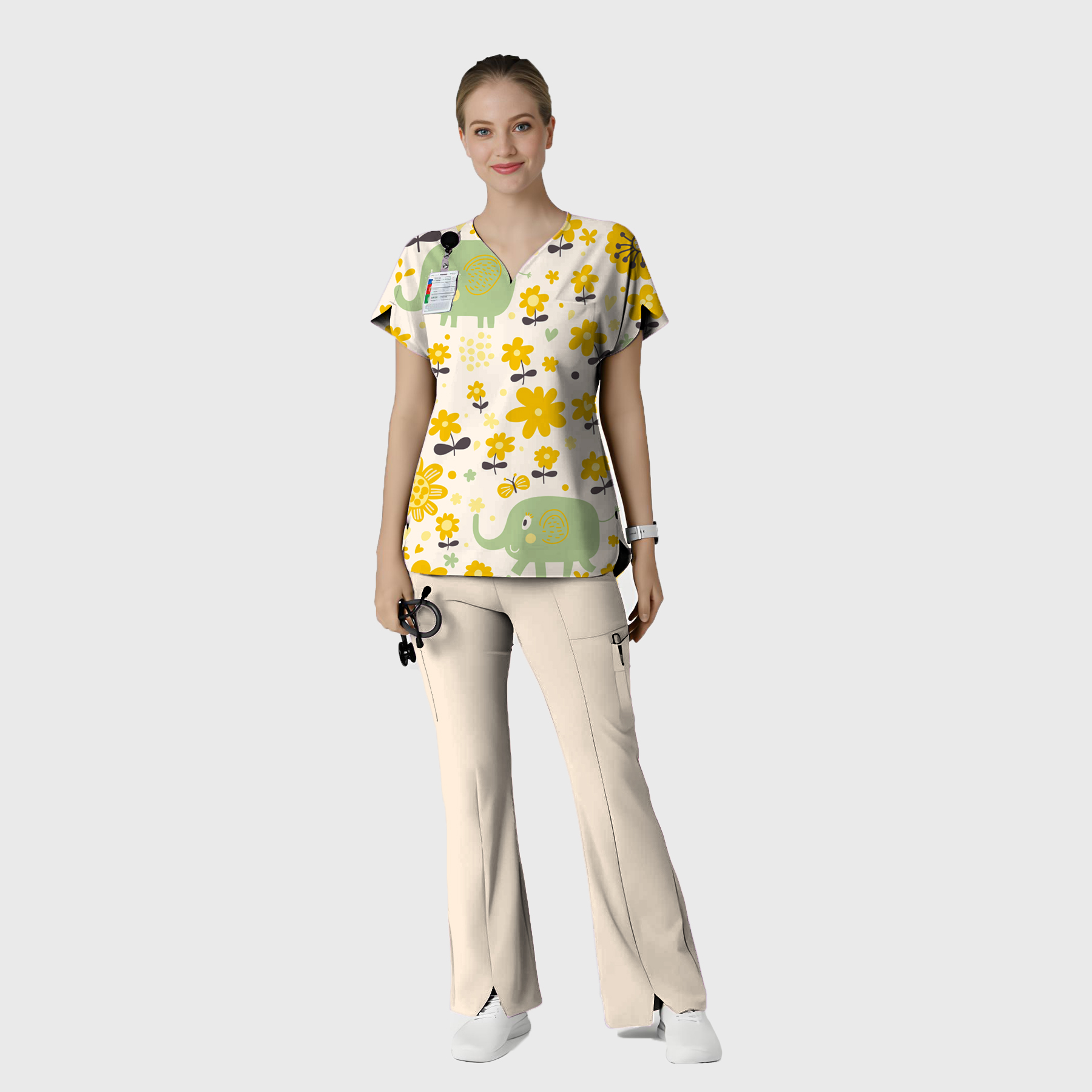 Women's V-neck Baby Elephant Printed Scrub Set SP03