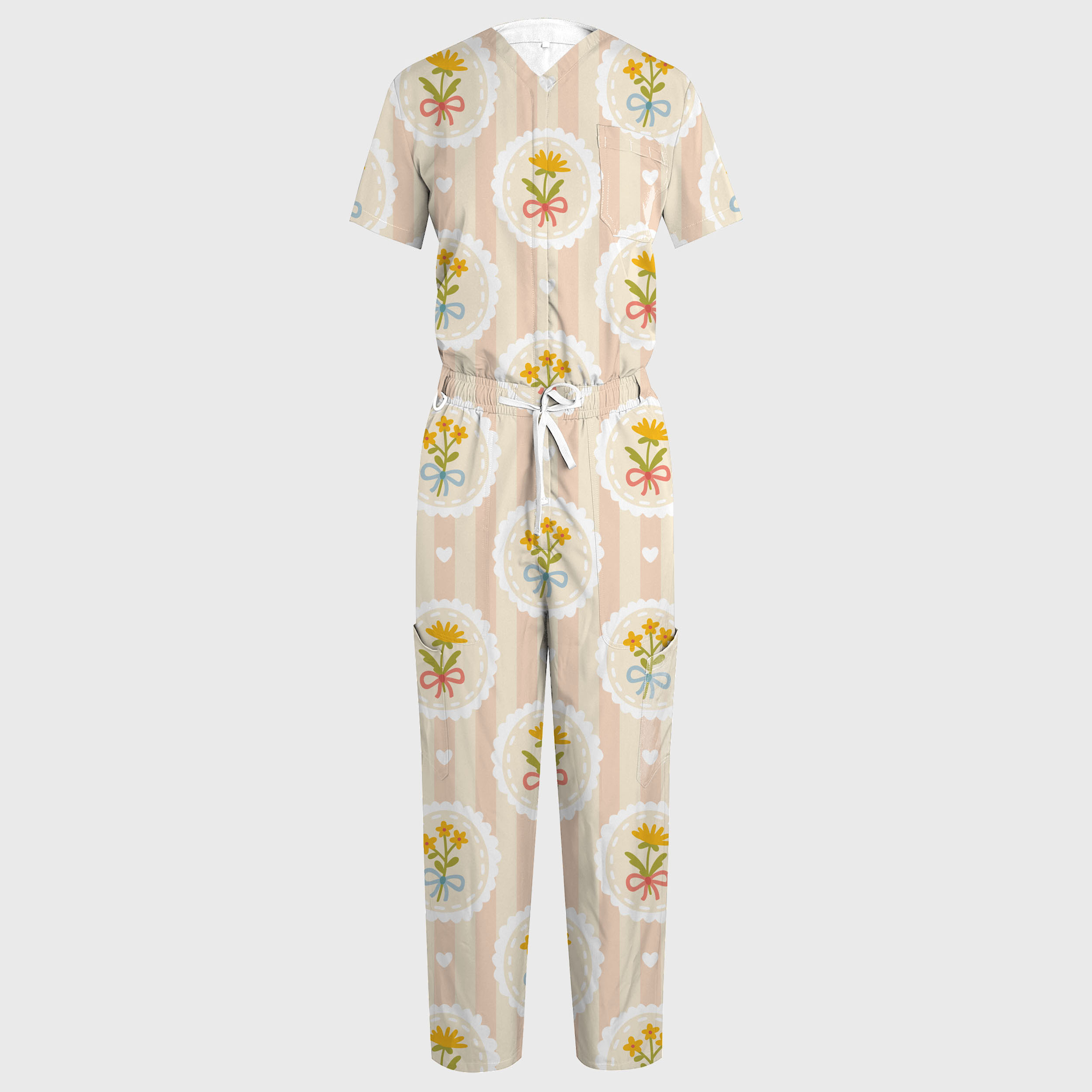 Women's V-neck Wide Leg Floral Printed Scrub Jumpsuit