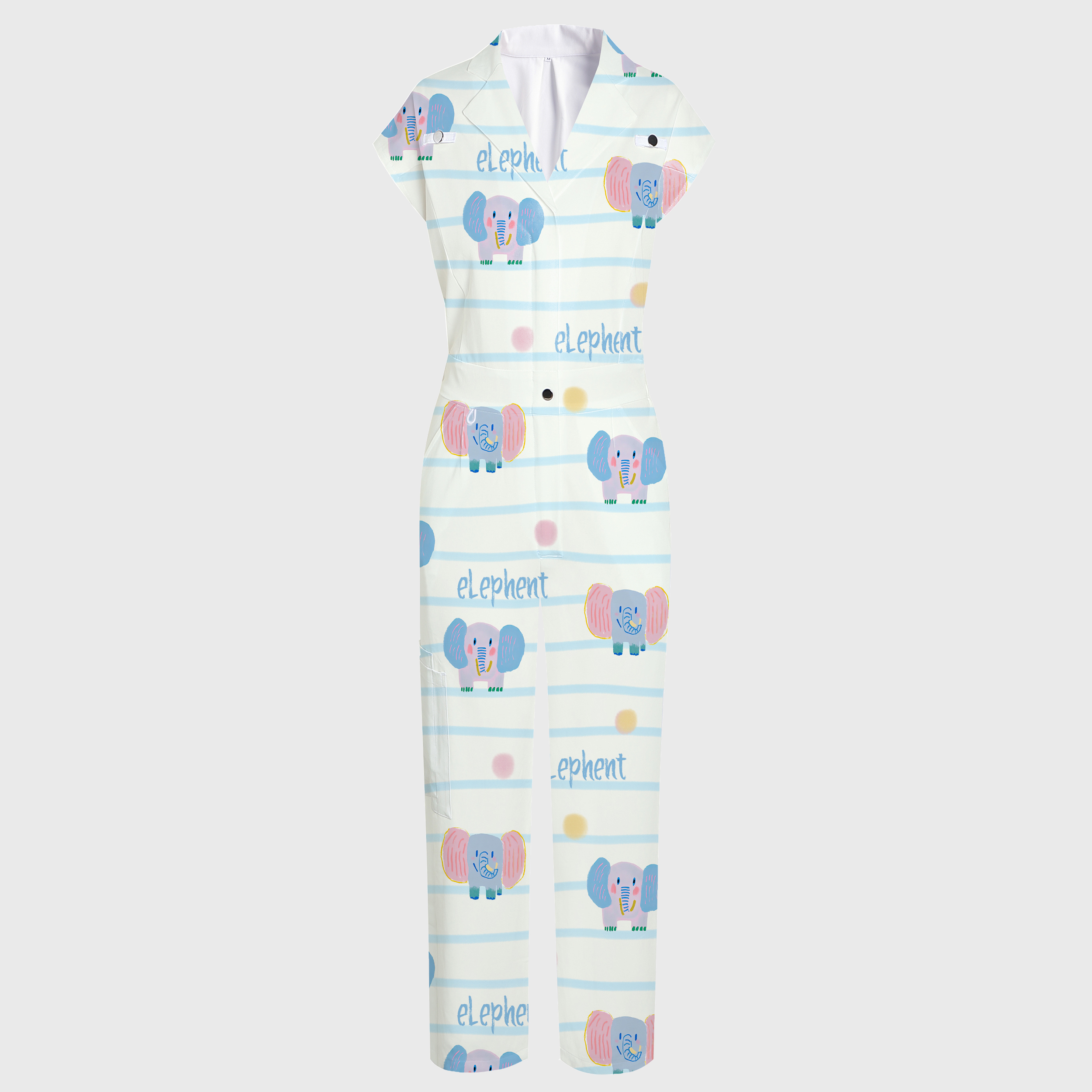 Women's Lapel Collar Wide Leg Elephant Print Scrub Jumpsuit