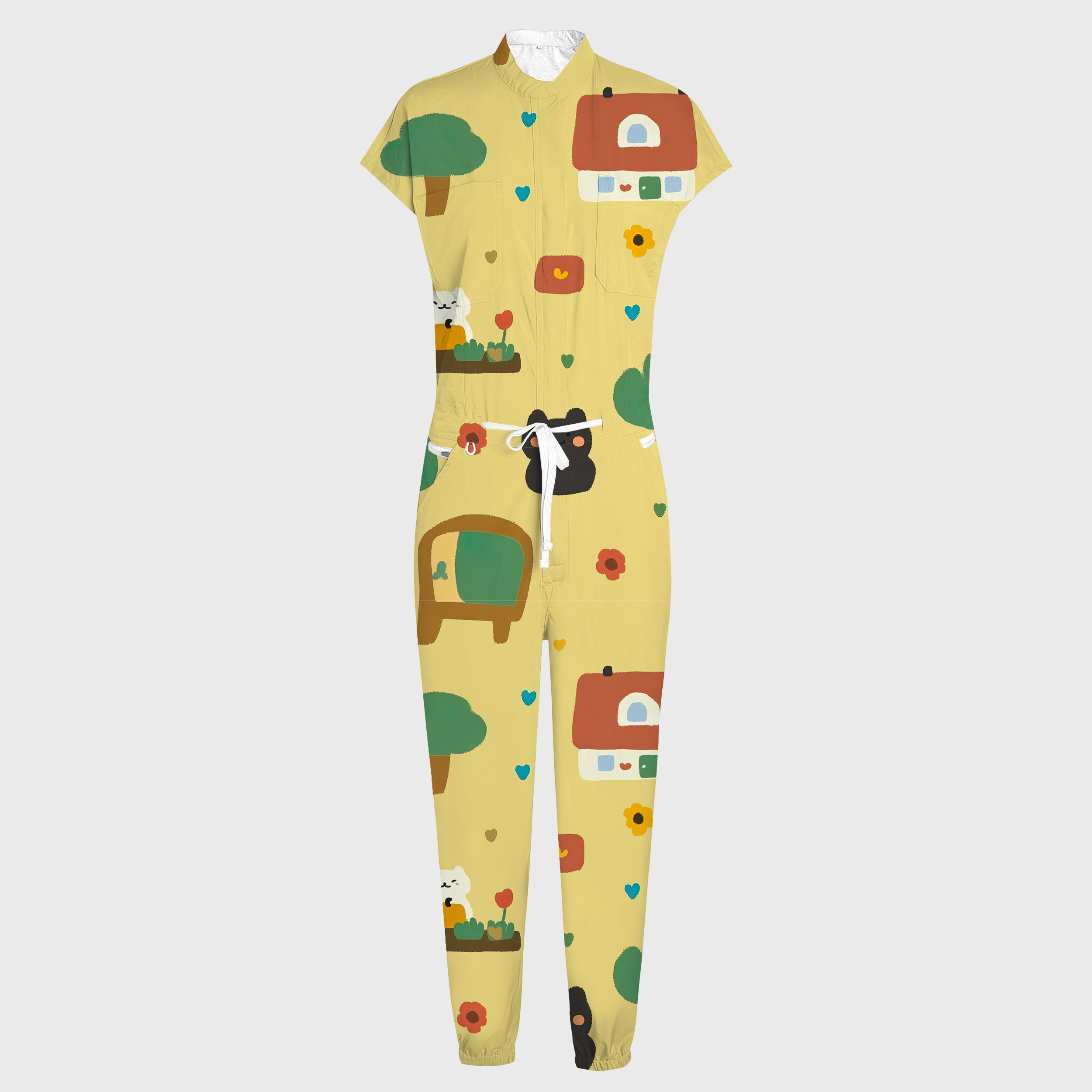 Women's Kitty Family Print 12-Pocket Jogger Scrub Jumpsuit
