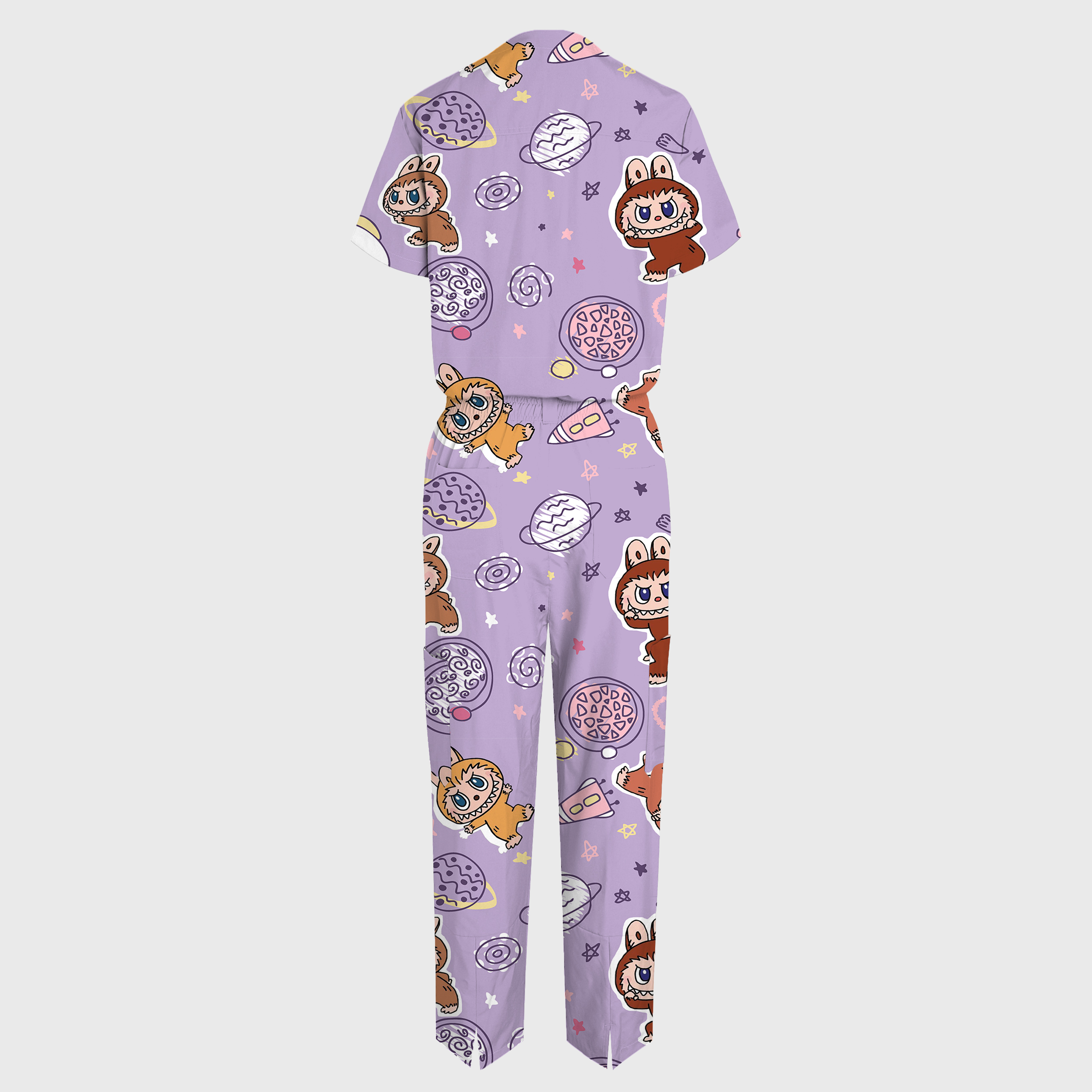 Women's V-Neck Wide Leg LABUBU Print Scrub Jumpsuit