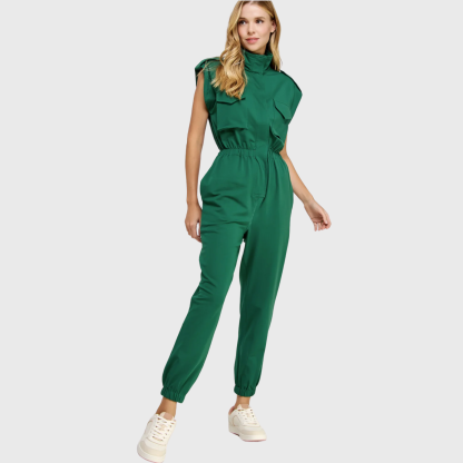 Women's High Neck Folded Sleeves with Epaulettes Jumpsuit