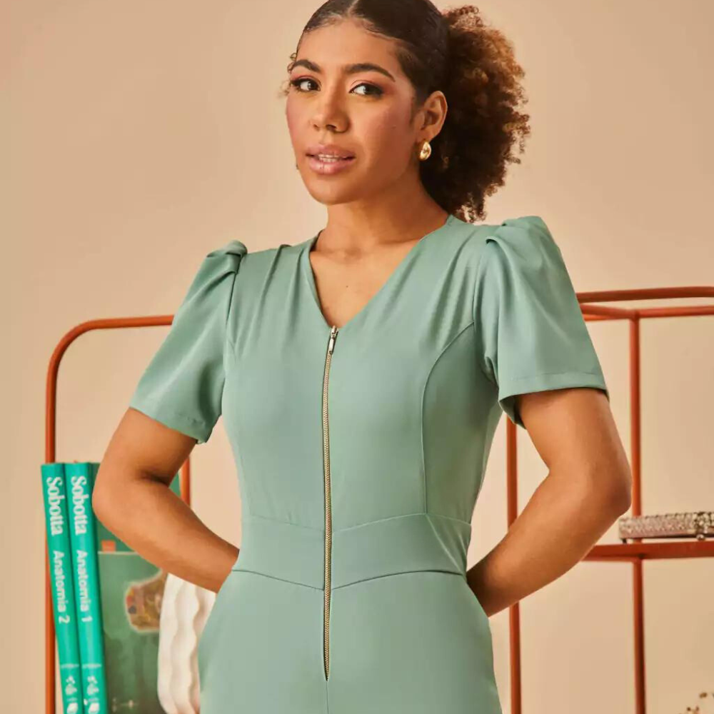 Women's V-neck Puff Sleeve Scrub Jumpsuit