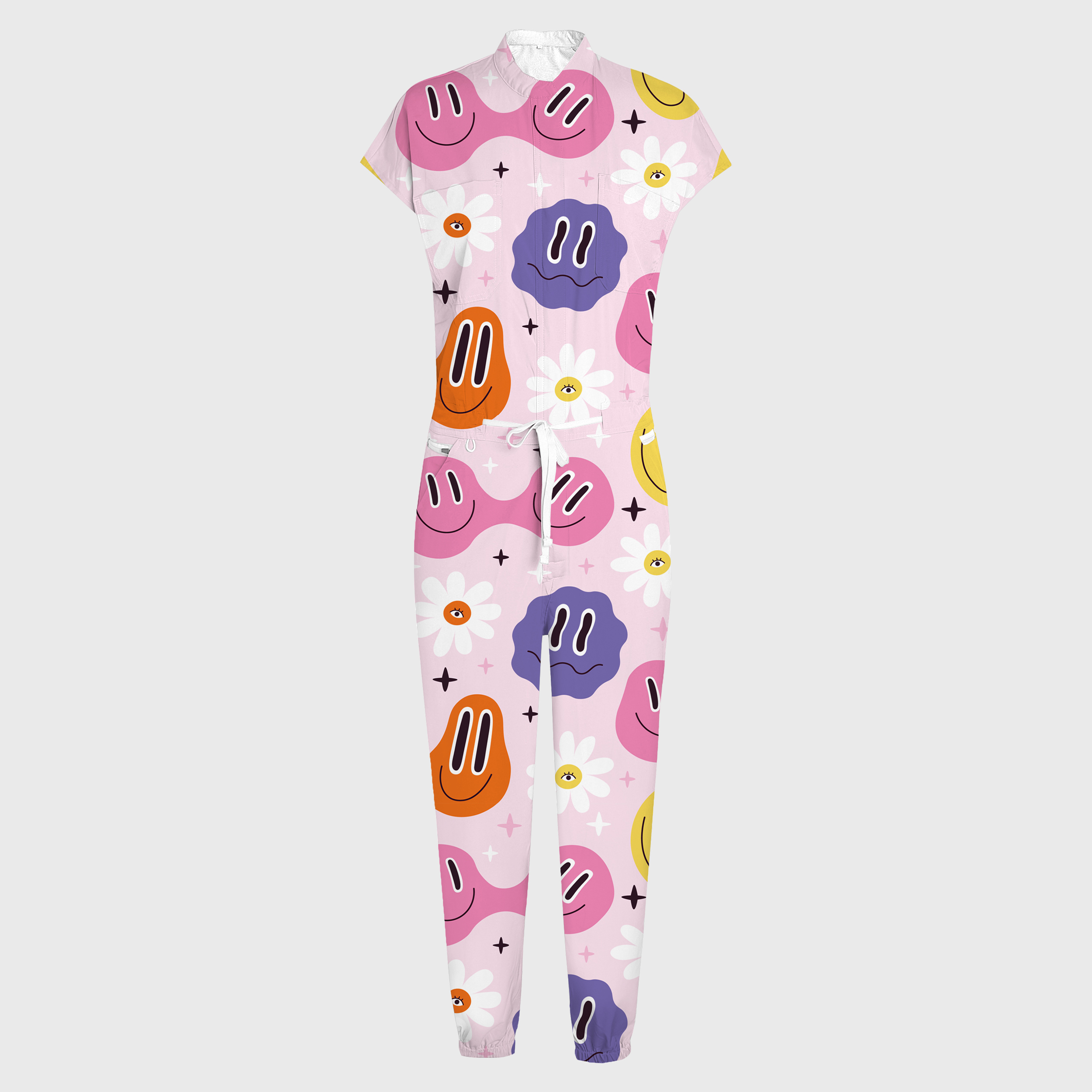 Women's Smiley Face Printed 12-Pocket Jogger Scrub Jumpsuit
