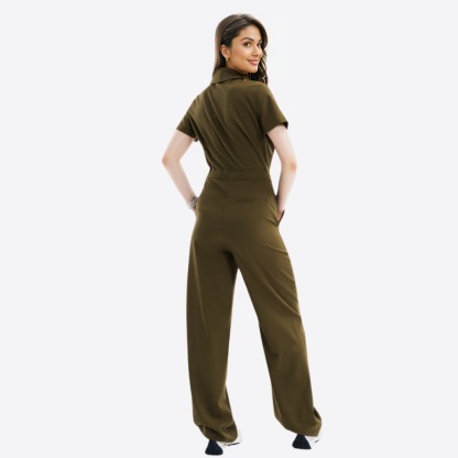 Women's Polo Neck Four Pockets Straight Leg Jumpsuit