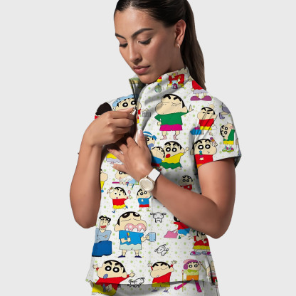 Women's Crayon Shin-Chan Pattern Nurse Scrub Set