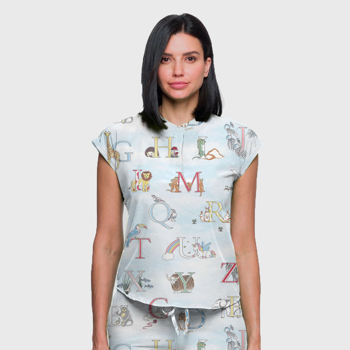 Women's Cap Sleeve Letter Animals Printed Scrub Set