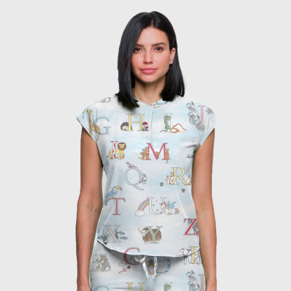 Women's Cap Sleeve Letter Animals Printed Scrub Set