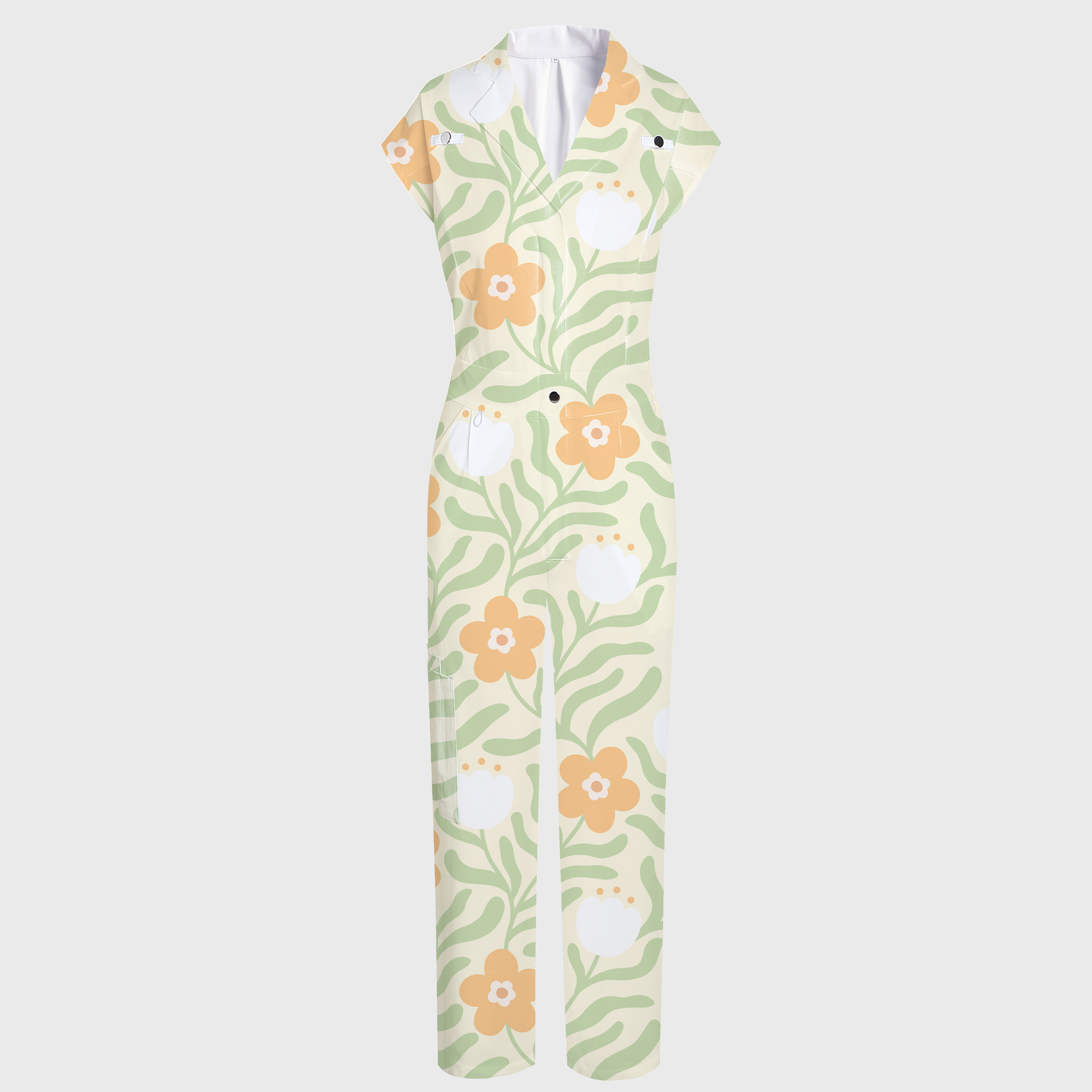 Women's Lapel Wide Leg Summer Blooms Print Scrub Jumpsuit