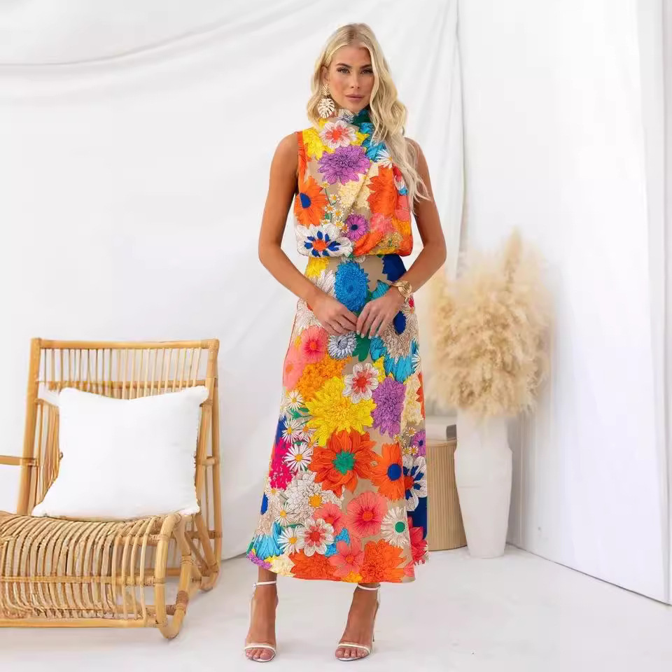 Fashion Printed Sleeveless Halter Neck Maxi Dress