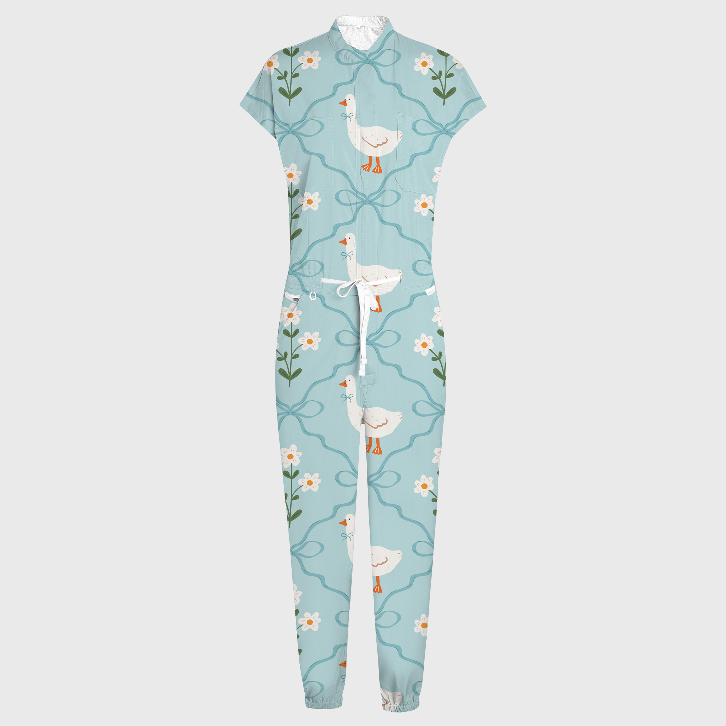 Women's Cute Goose Printed 12-Pocket Jogger Scrub Jumpsuit