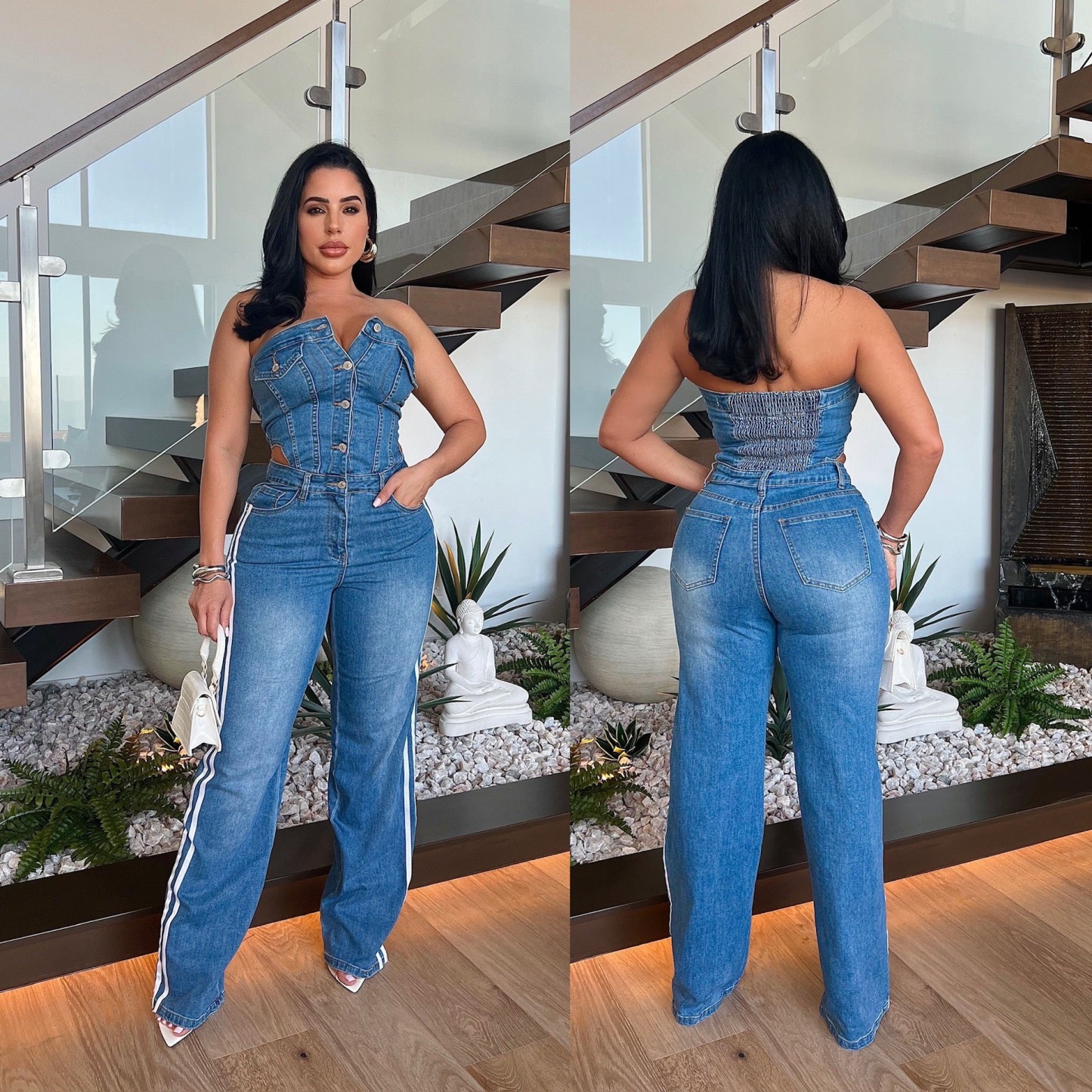 Off-shoulder Slim-fit Wide-leg Denim Jumpsuit – Clarascrubs