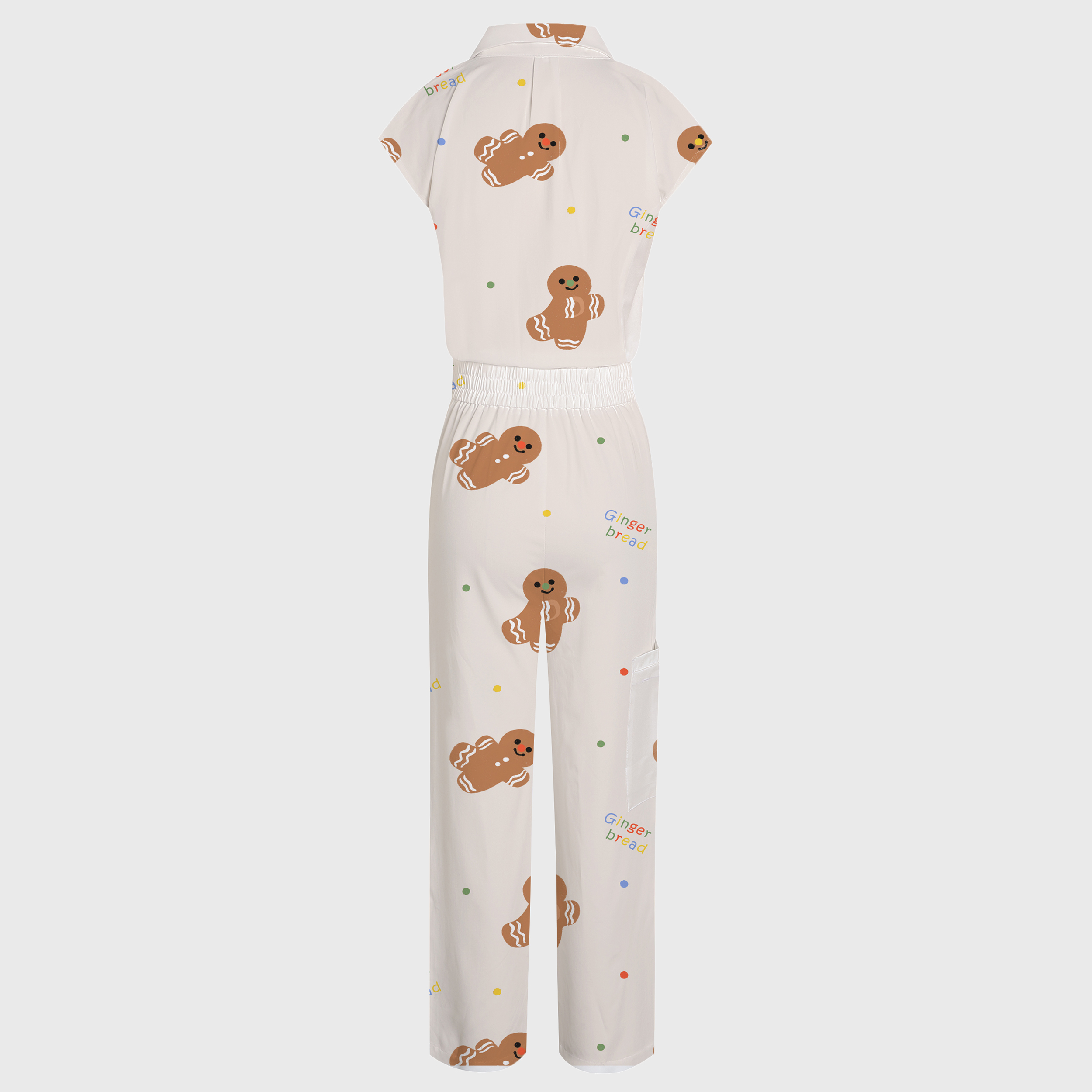 Women's Wide Leg Gingerbread Man Print Scrub Jumpsuit