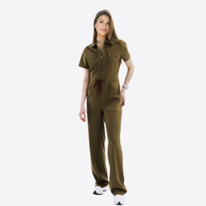 Women's Polo Neck Four Pockets Straight Leg Jumpsuit