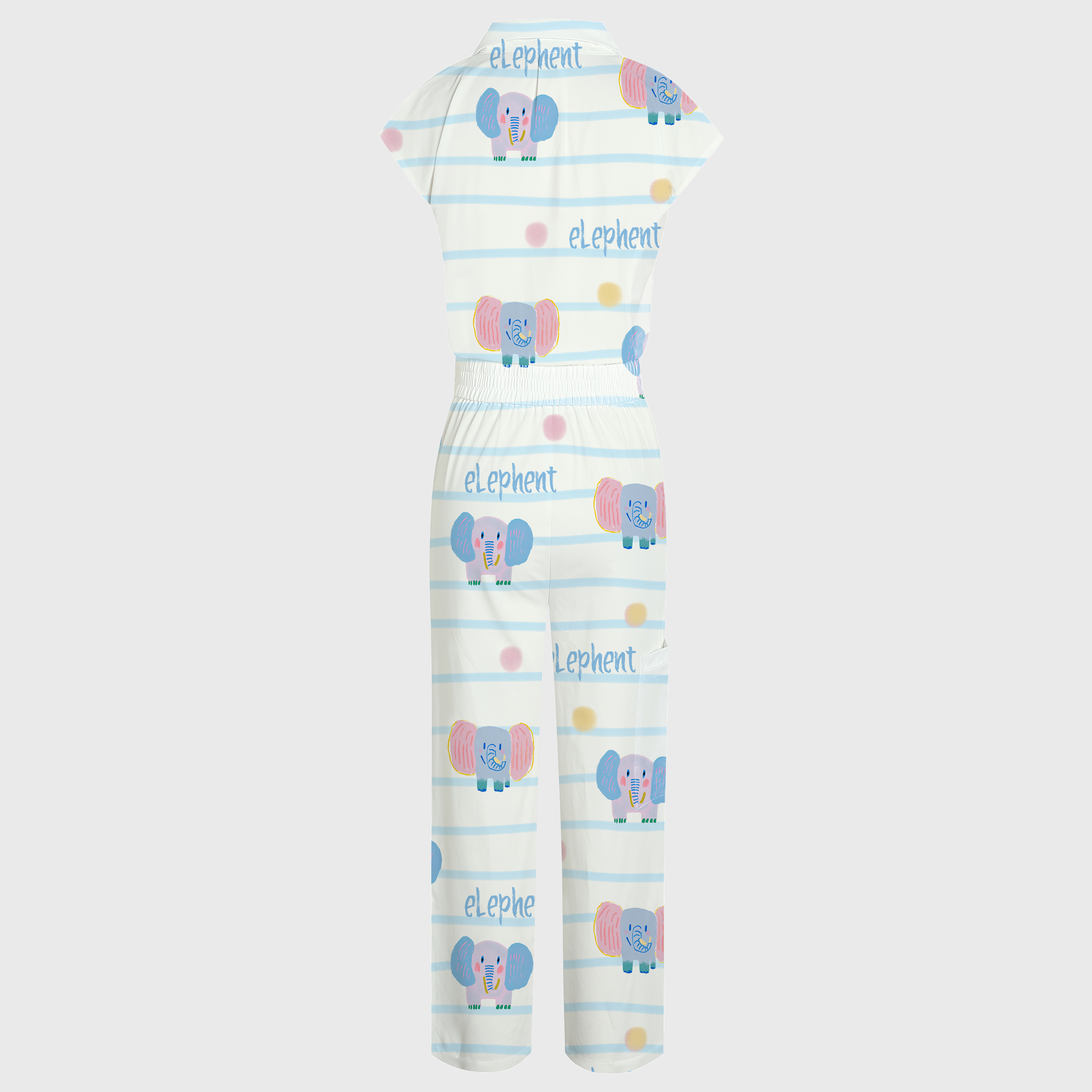 Women's Lapel Collar Wide Leg Elephant Print Scrub Jumpsuit