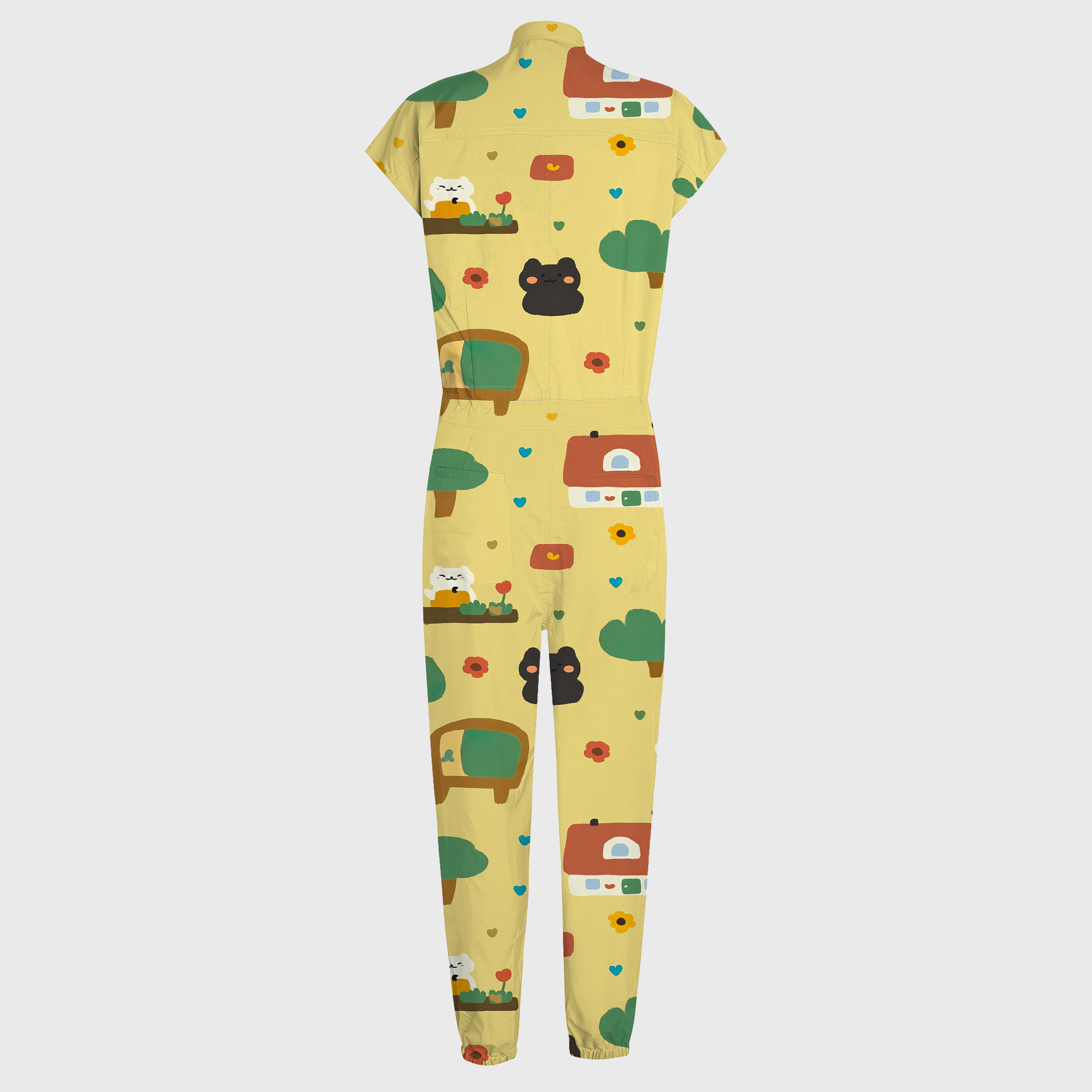 Women's Kitty Family Print 12-Pocket Jogger Scrub Jumpsuit