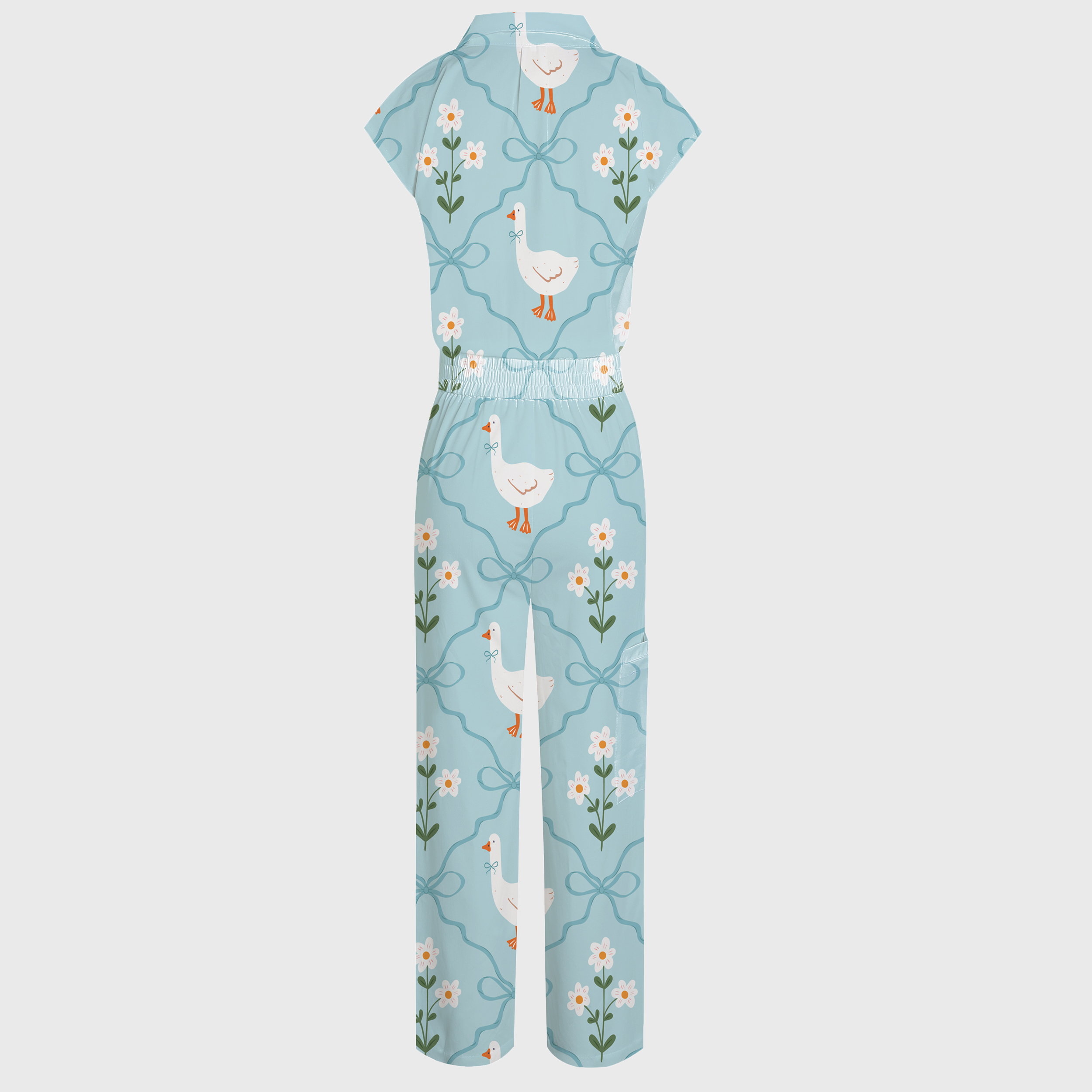 Women's Wide Leg Cartoon Goose Print Scrub Jumpsuit