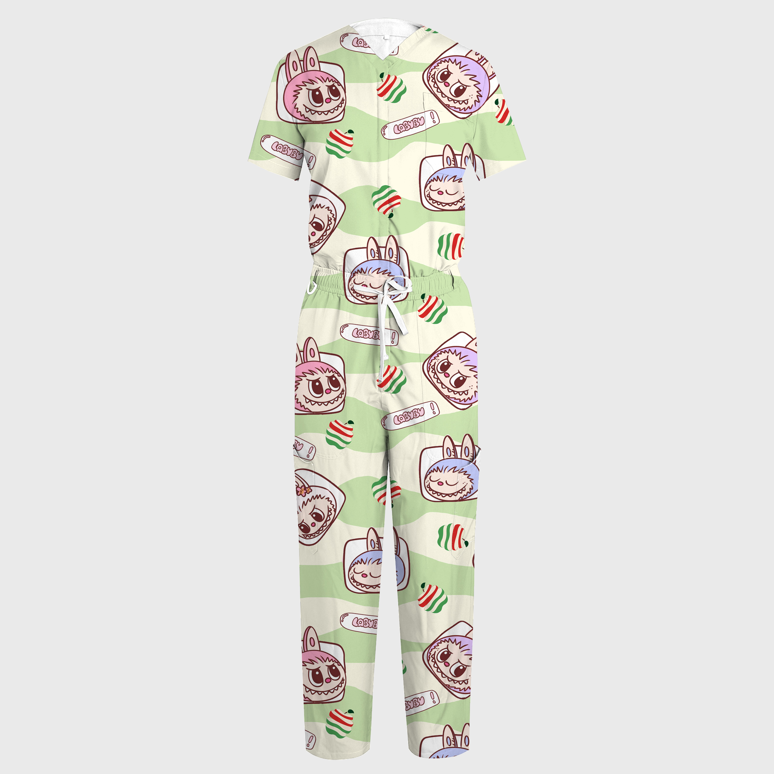 Women's V-Neck Wide Leg Green LABUBU Print Scrub Jumpsuit