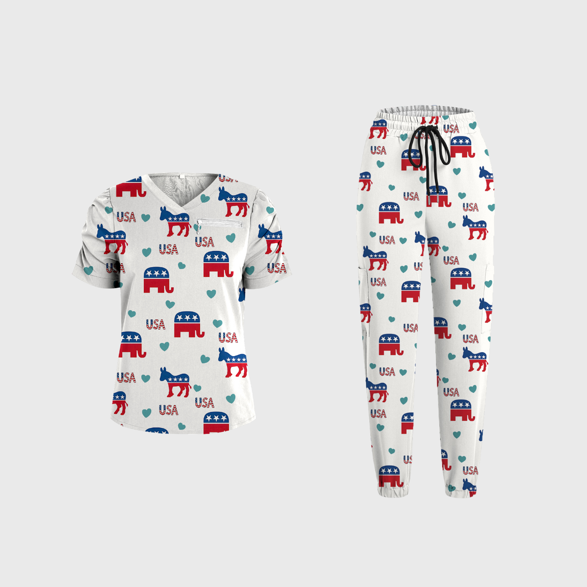 Women's V-Neck Independence Day Printed Scrub Set SI18