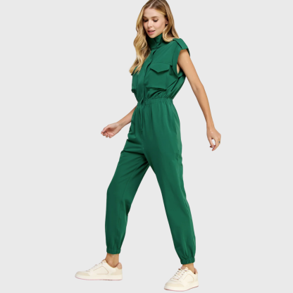 Women's High Neck Folded Sleeves with Epaulettes Jumpsuit