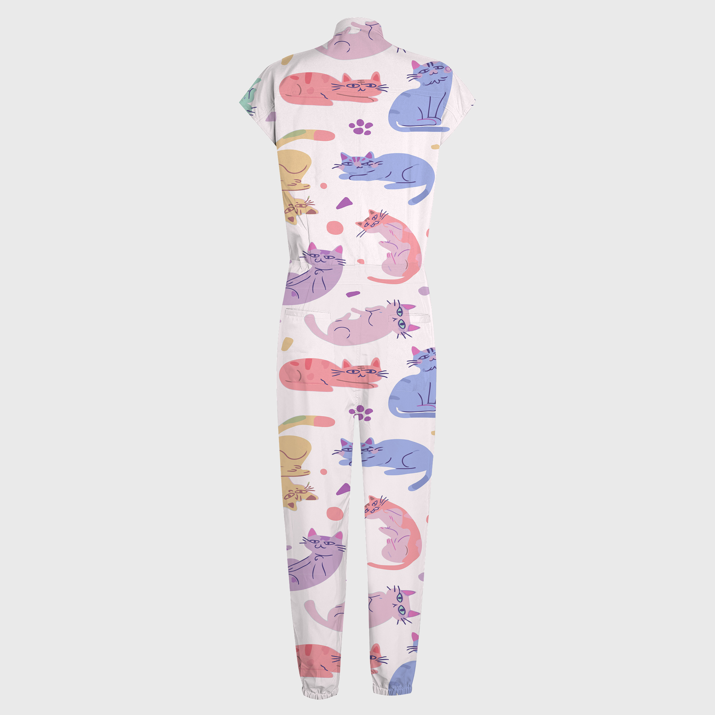 Women's Lazy Cats Print 12-Pocket Jogger Scrub Jumpsuit