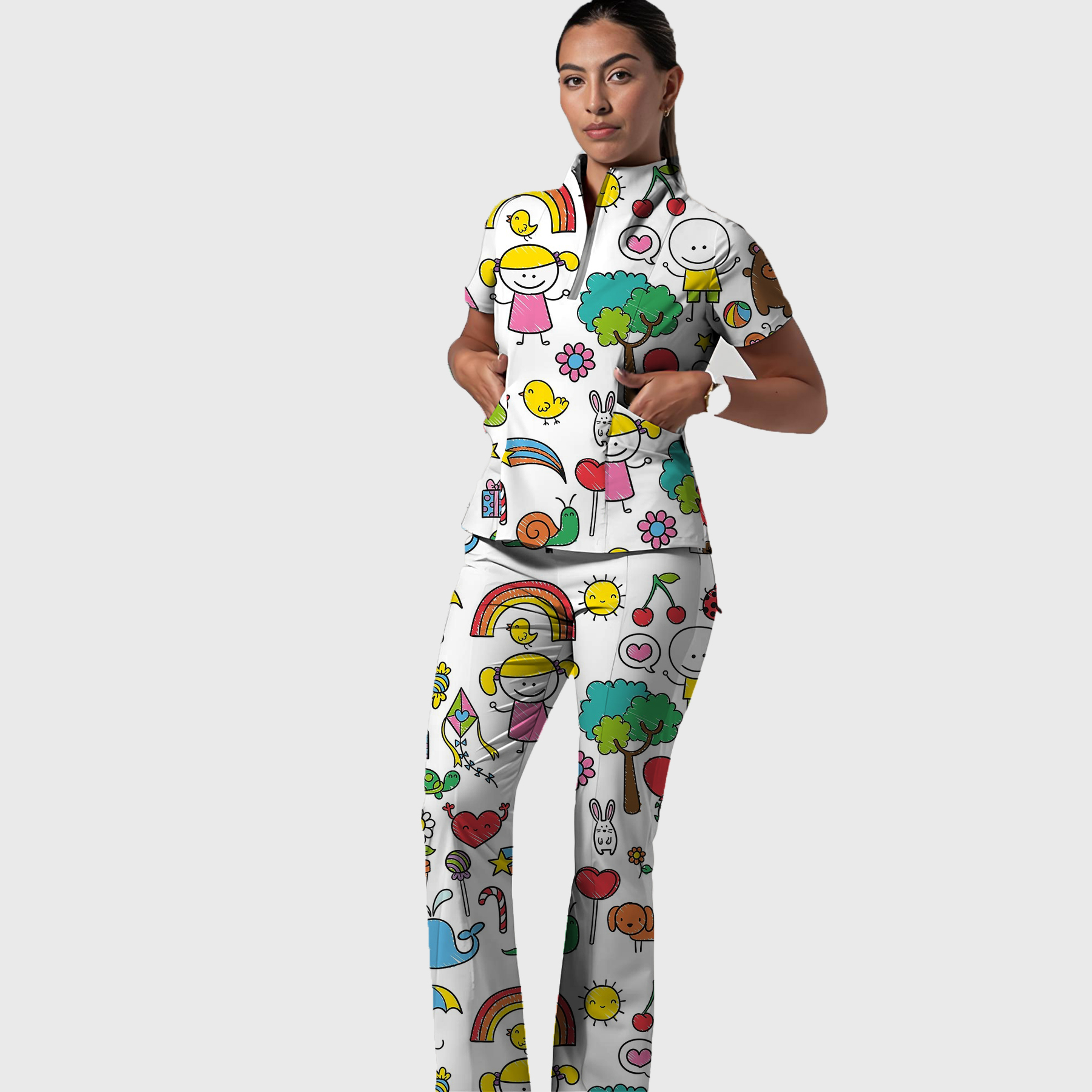 Women's Smiley Face Pattern Scrub Set SP29