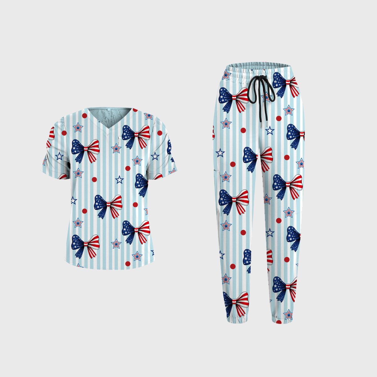 Women's V-Neck Independence Day Printed Scrub Set SI17