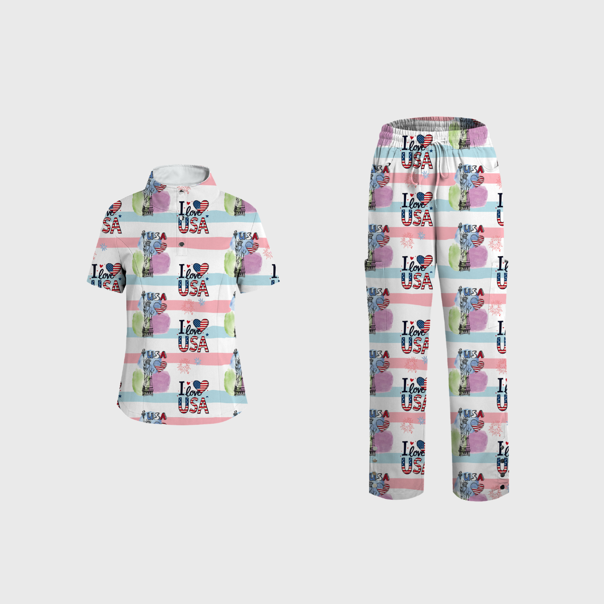 Women's V-Neck Independence Day Printed Scrub Set SI24