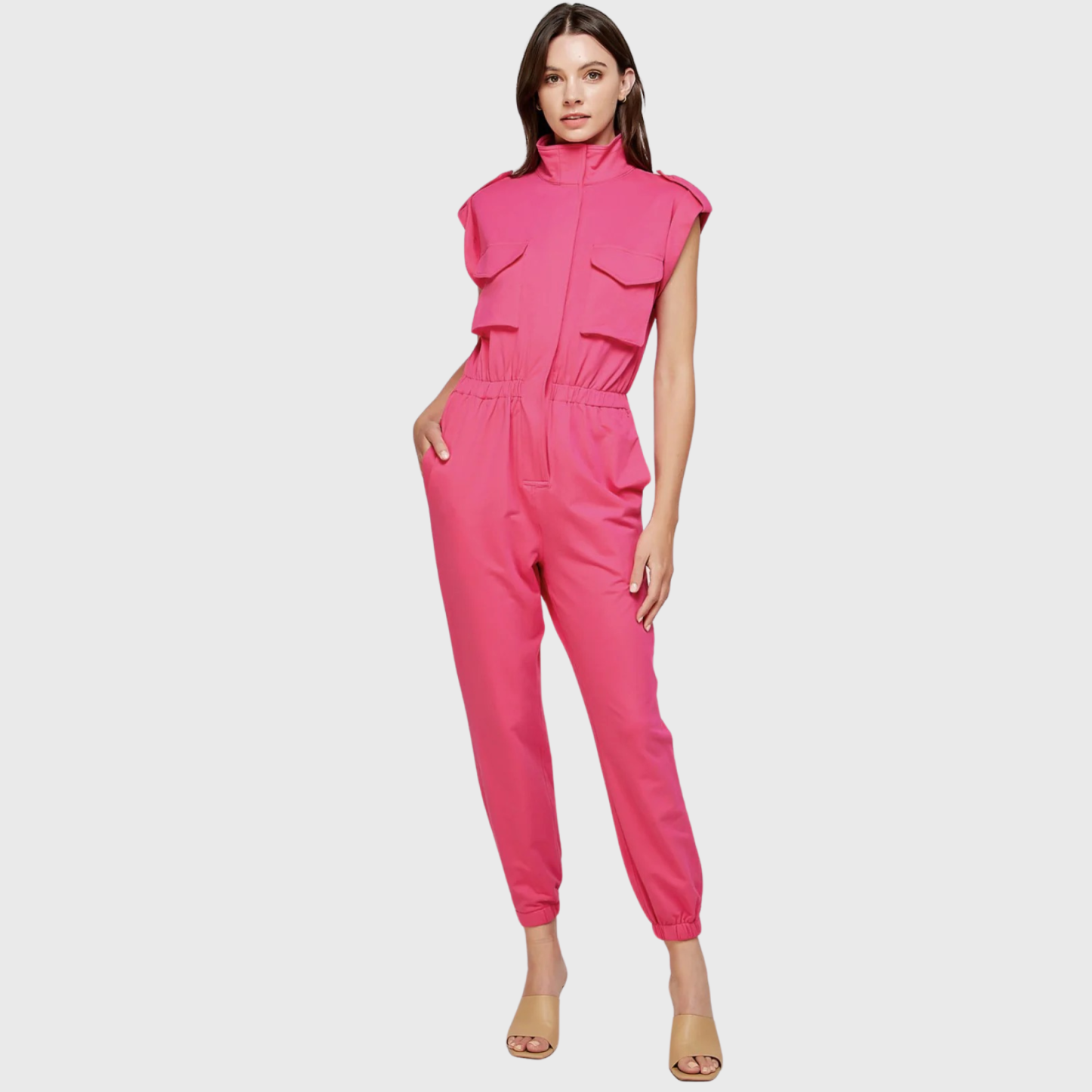 Women's High Neck Folded Sleeves with Epaulettes Jumpsuit