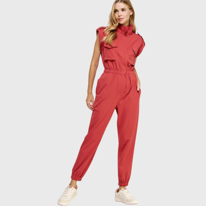 Women's High Neck Folded Sleeves with Epaulettes Jumpsuit