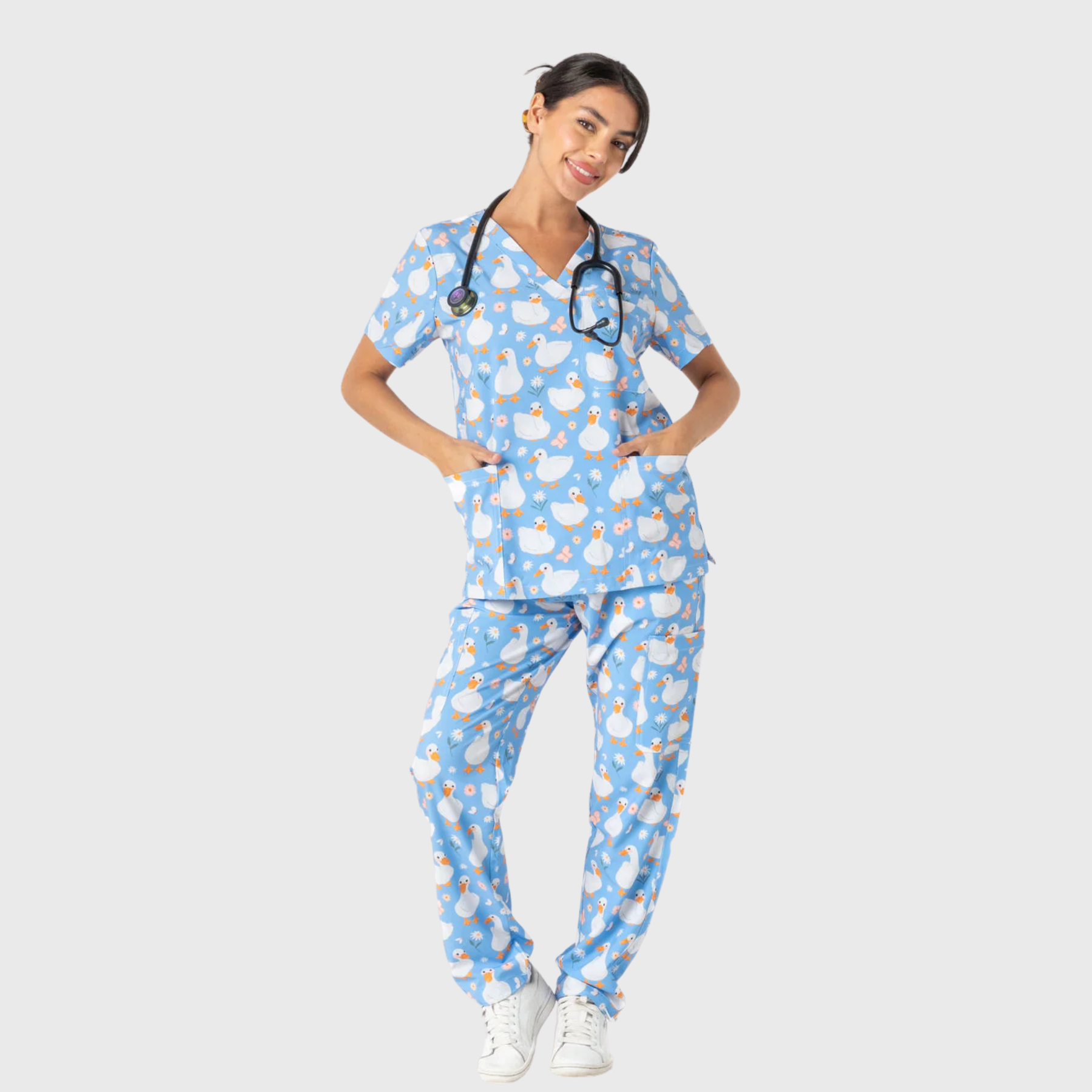 Women's Elastic Waist 4-Pocket Duck Printed Scrub Pants