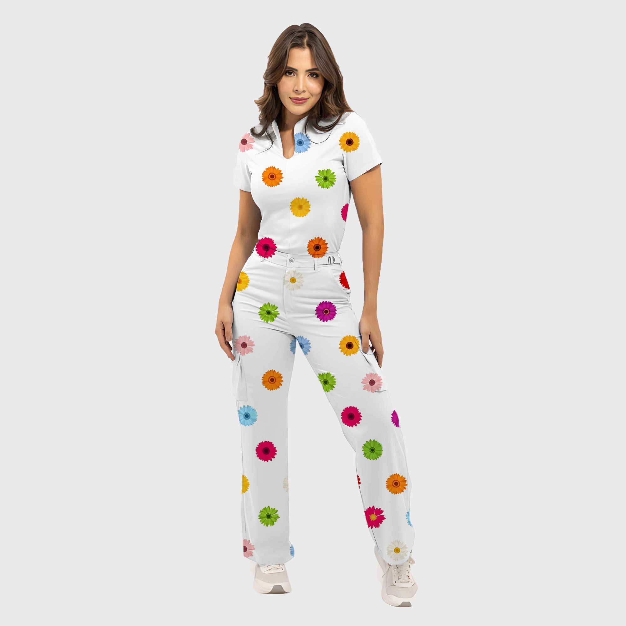 Women's Colorful Daisy Pattern Scrub Set ST6196