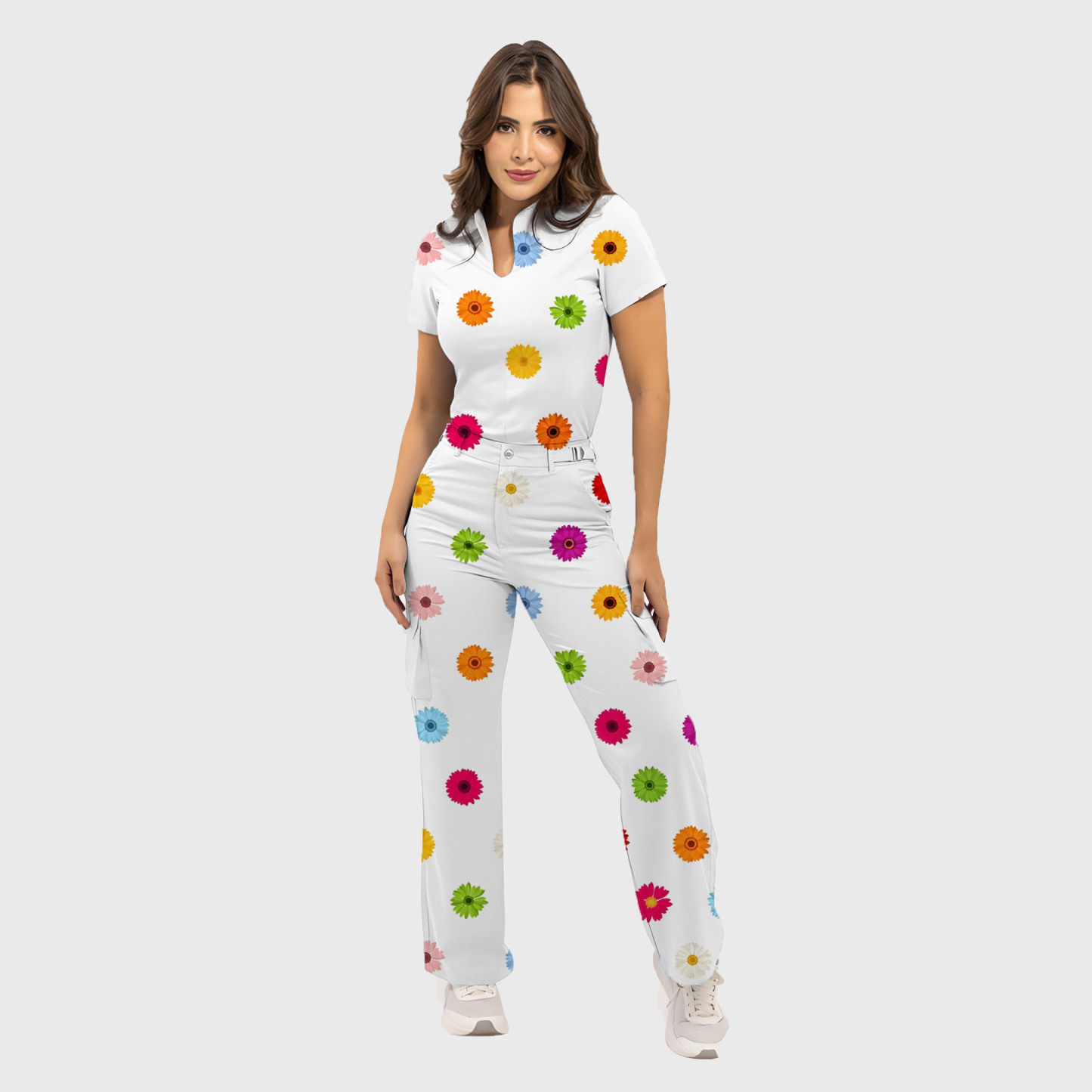 Women's Colorful Daisy Pattern Scrub Set ST6196
