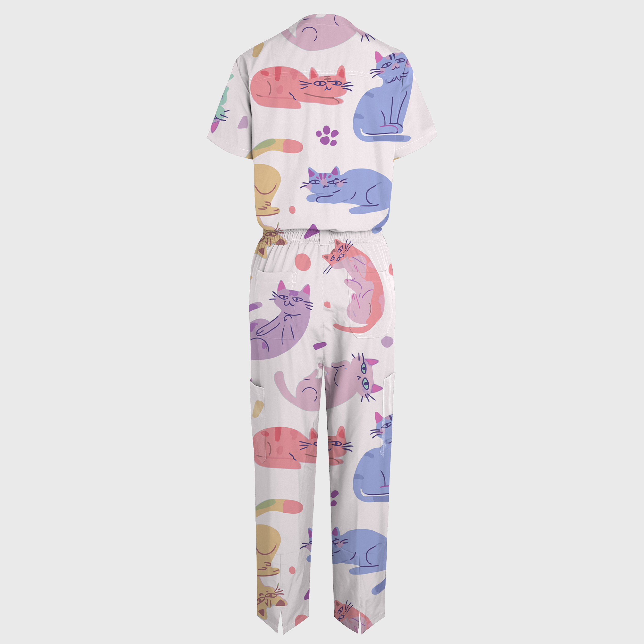 Women's Cat Family V-neck Wide Leg Scrub Jumpsuit